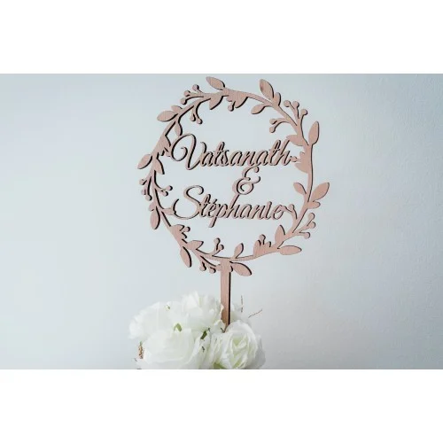 Cake topper de mariage avec couronne végétale à personnaliser avec prénoms des mariés - Photo 1