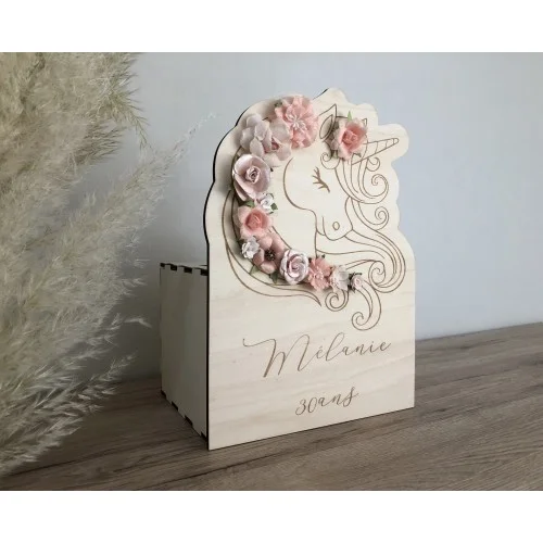 Urne à enveloppes à personnaliser thème licorne pour mariage, baptême ou anniversaire - urne en bois gravée sur - Super sjp