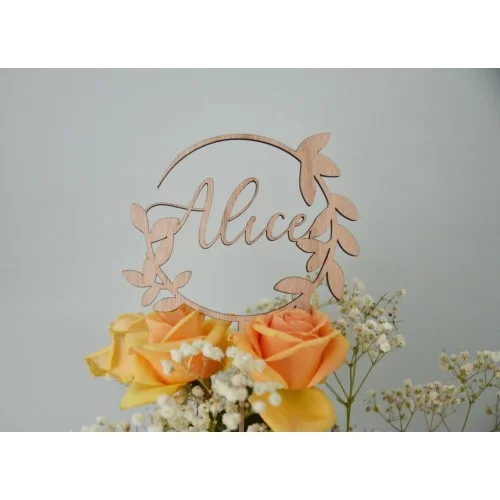 Cake topper à personnaliser couronne semi végétale, avec prénom, en bois ou plexiglas - Super sjp