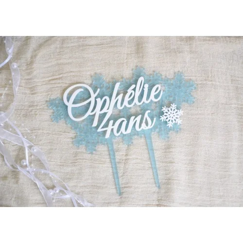 Cake topper avec prénom à personnaliser en plexiglas, thème flocons, hiver et reine des neiges, cake topper anniversaire - Super sjp