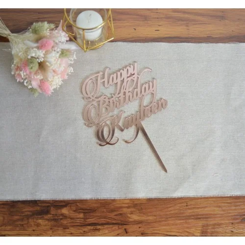 Cake topper Happy Birthday sur 3 lignes à personnaliser avec prénom, écriture manuscrite, bois ou plexiglas - Super sjp