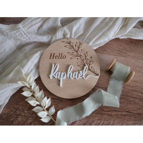 Médaillon Hello ou Chez avec prénom, motif végétal - Super sjp