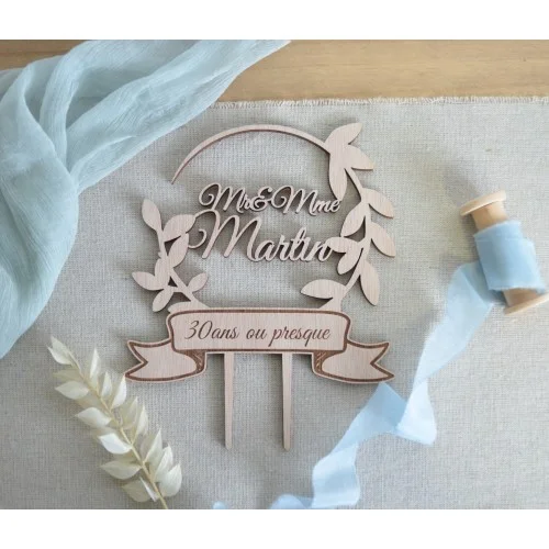 Cake topper à personnaliser couronne semi végétale et sa banderole - Photo 1