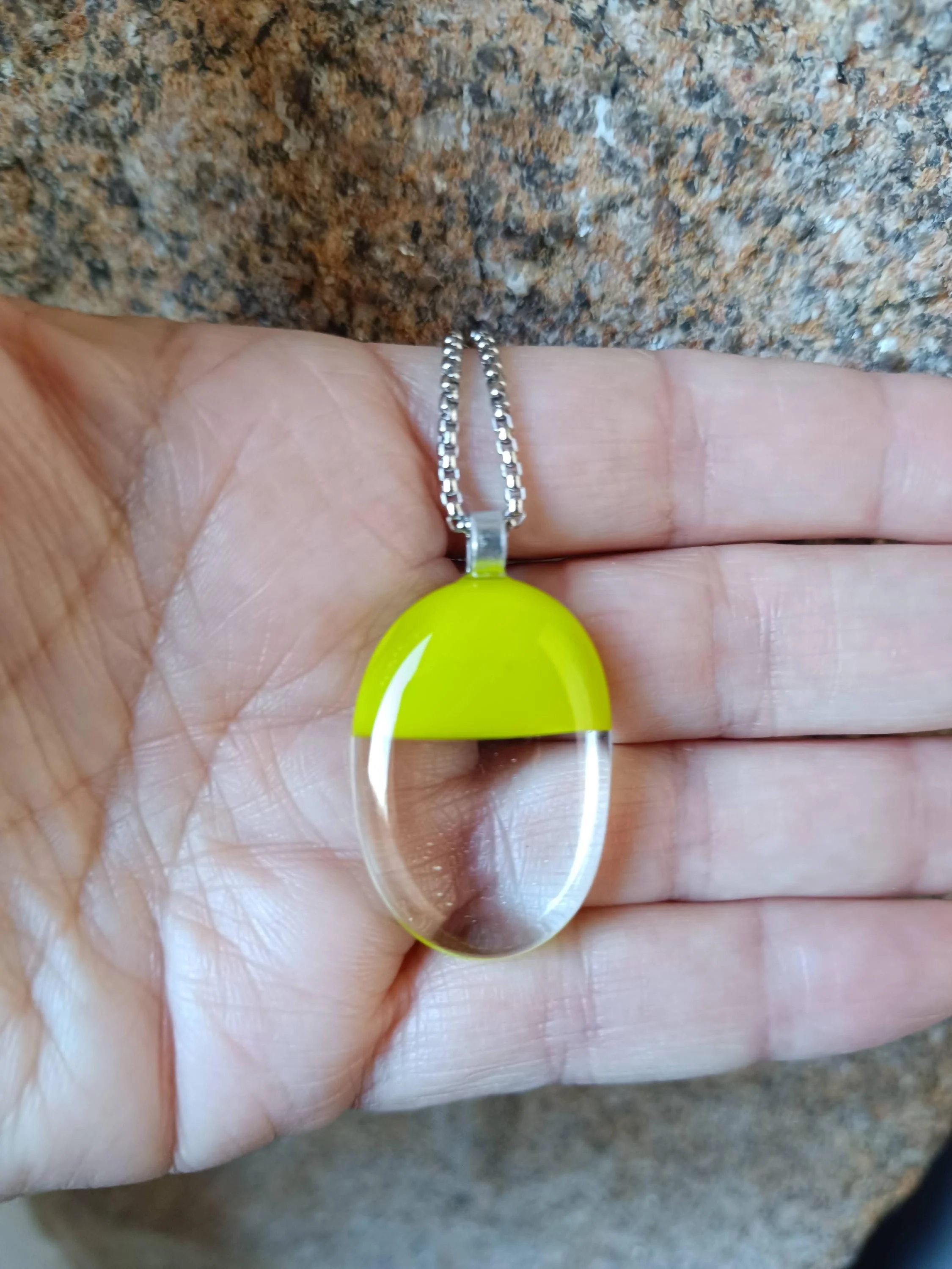 Handcrafted lime green and transparent fused glass pendant necklace, artisan handmade jewellery - Photo 5