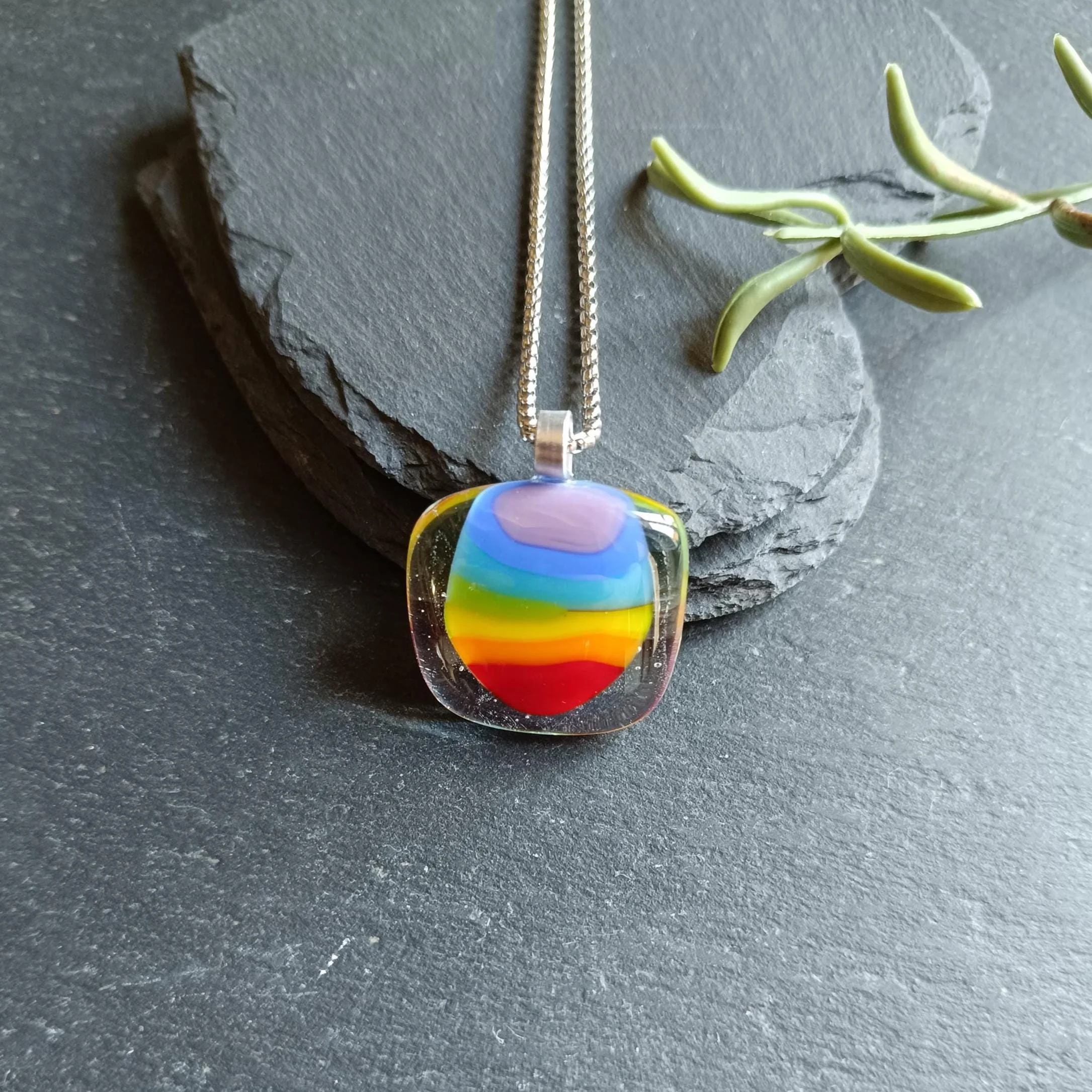 Fused Glass Pendant Necklace, artisan handmade jewellery, rainbow necklace - Photo 1