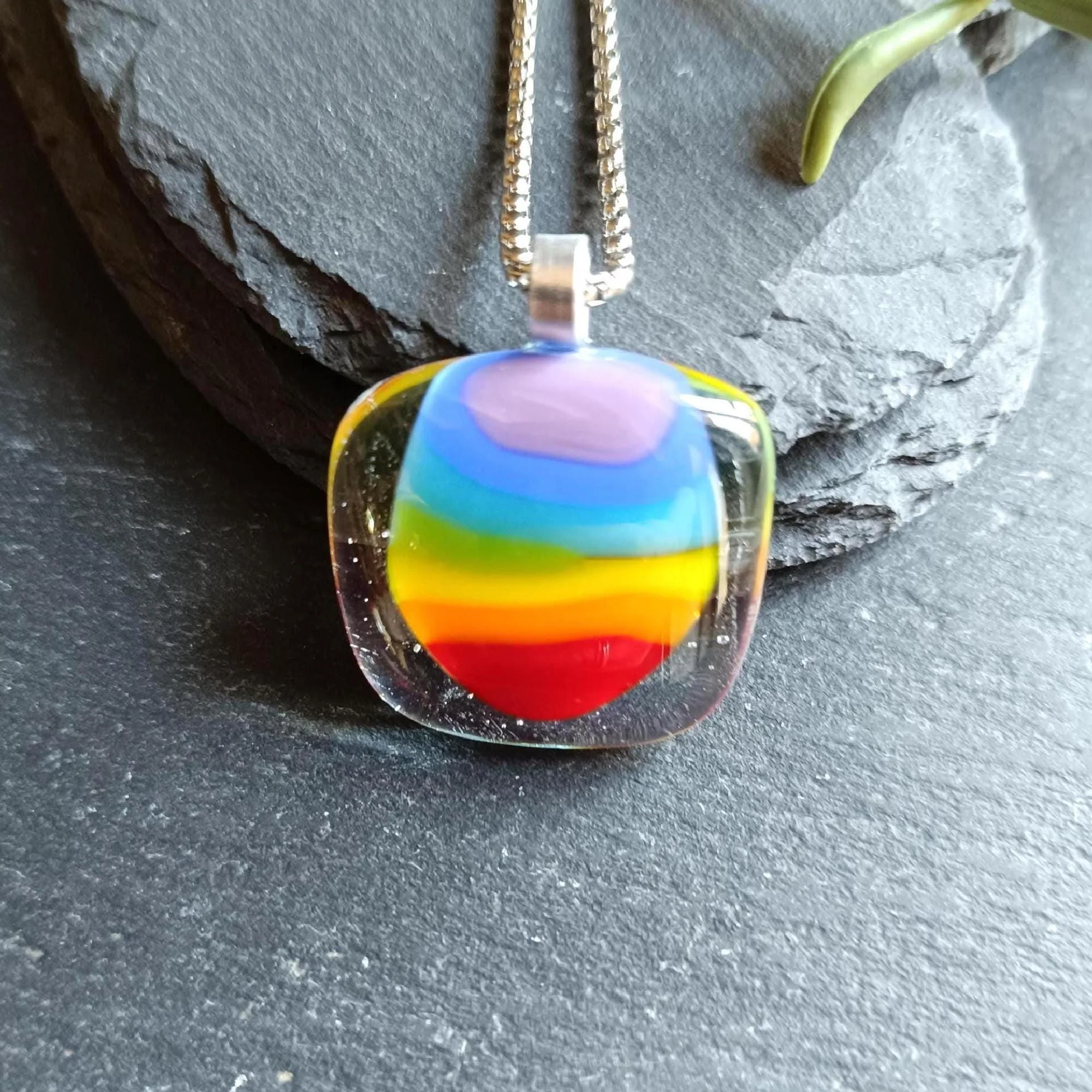 Fused Glass Pendant Necklace, artisan handmade jewellery, rainbow necklace - Photo 2