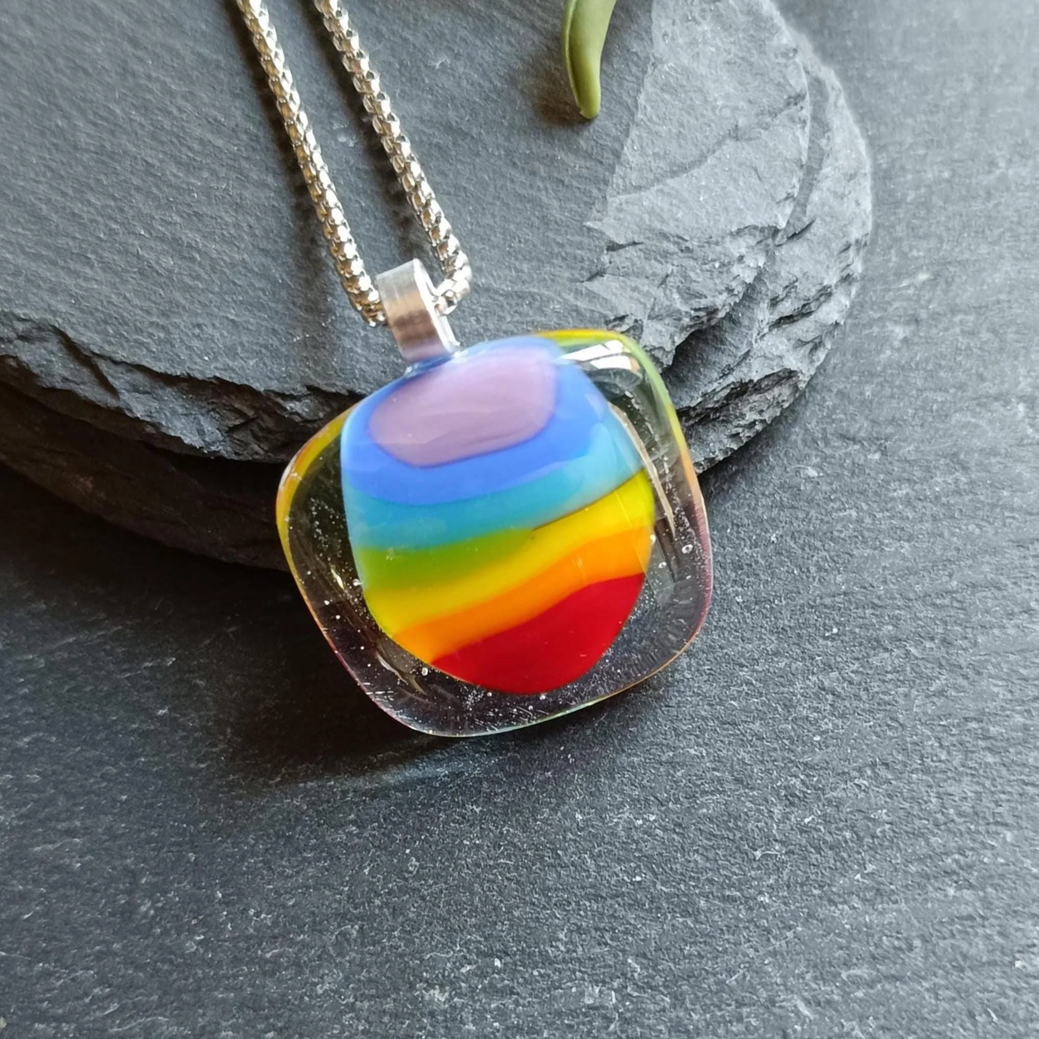 Fused Glass Pendant Necklace, artisan handmade jewellery, rainbow necklace - Photo 3