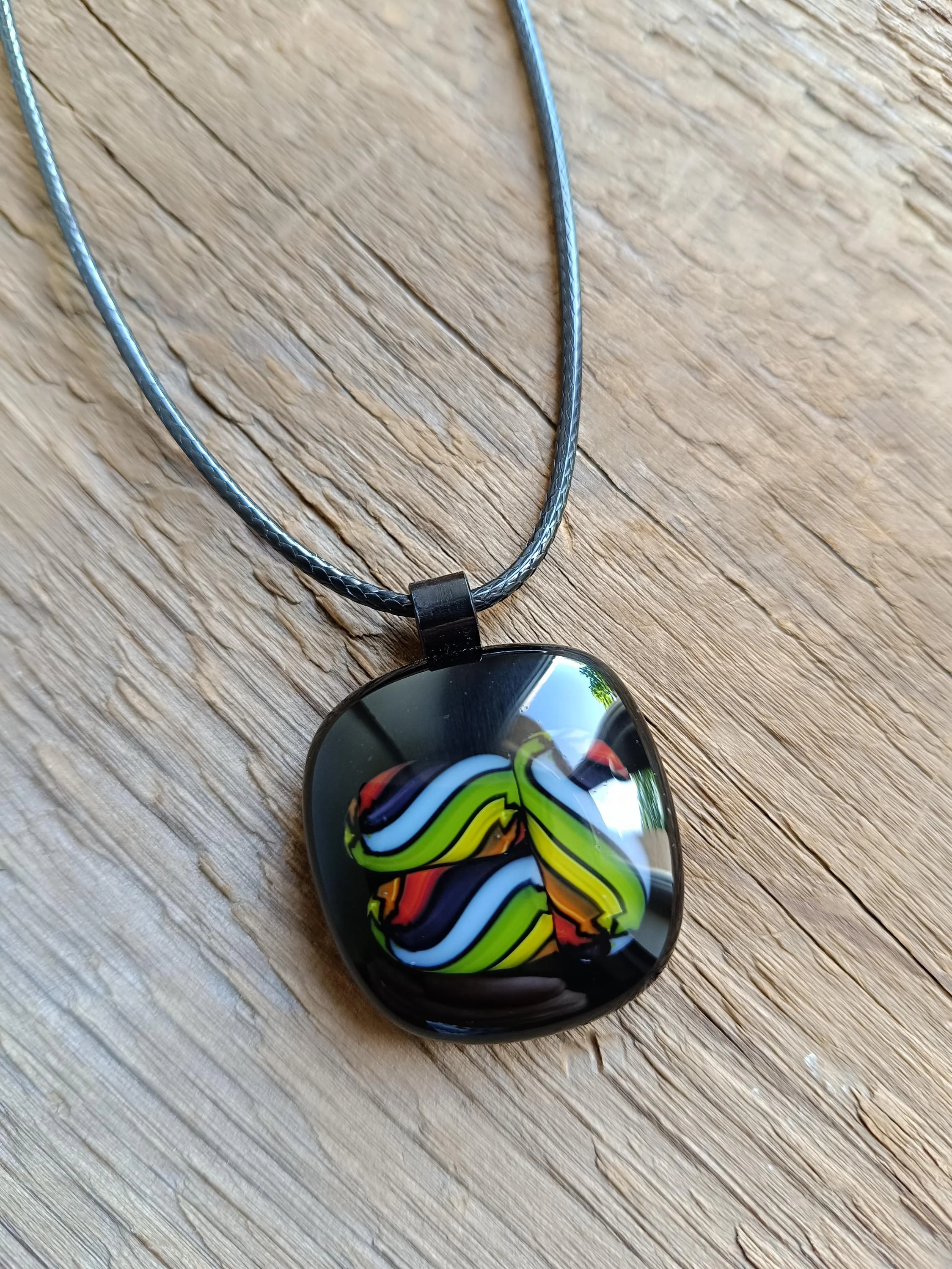 Fused glass pendant necklace, black colourful design,  handmade jewellery unisex - Photo 1