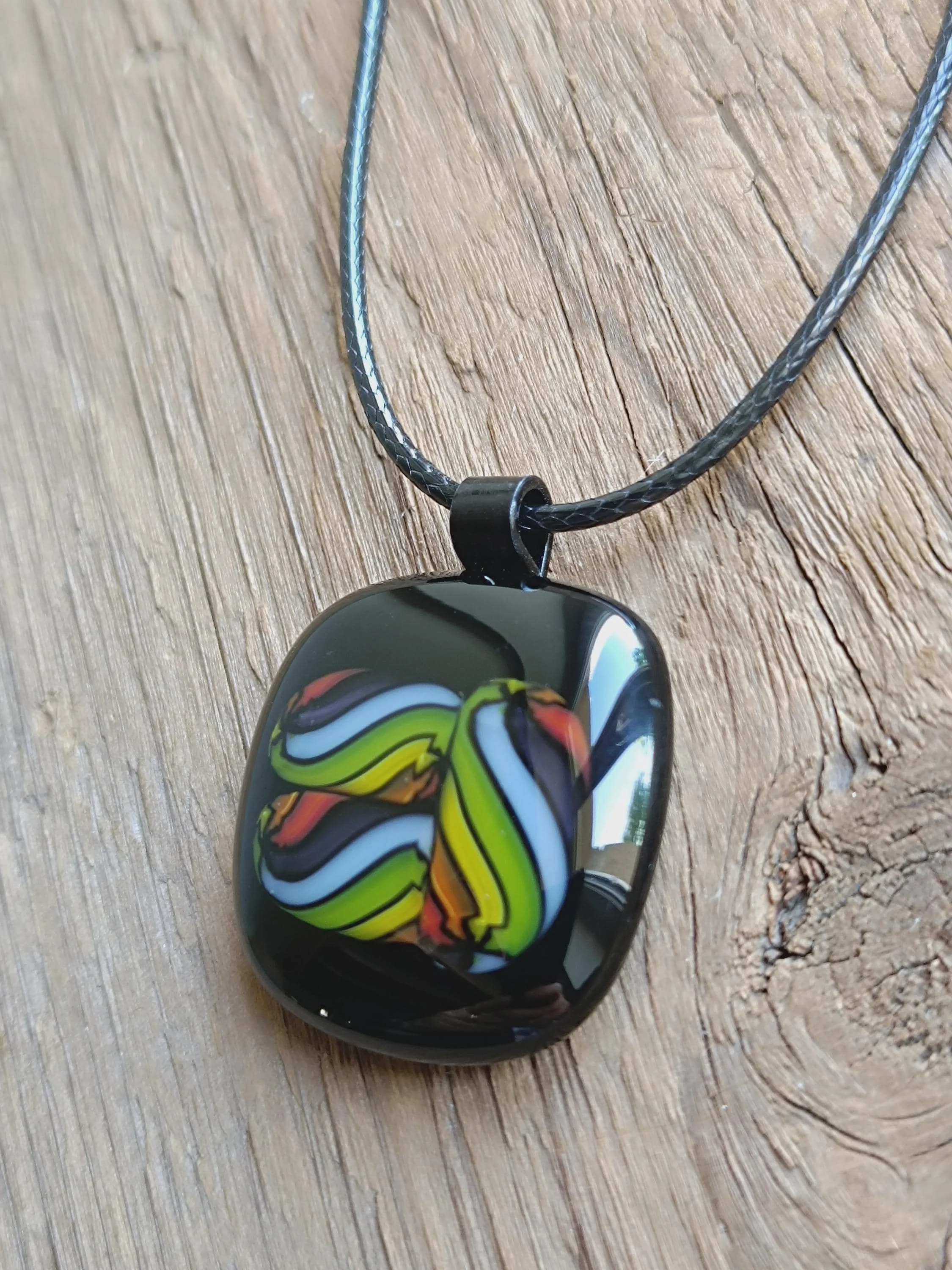 Fused glass pendant necklace, black colourful design,  handmade jewellery unisex - Photo 3