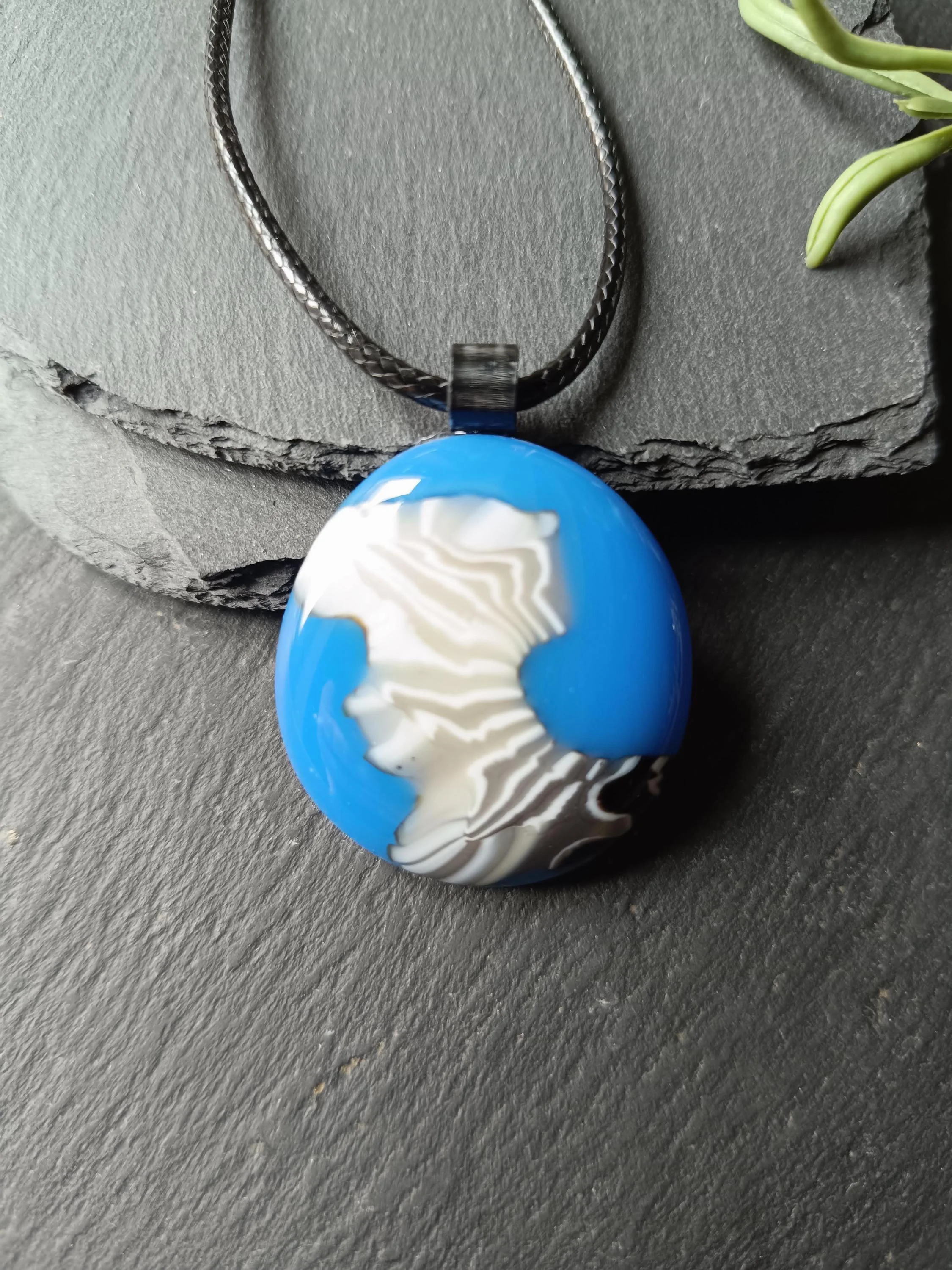 Blue and White Swirl Handmade Fused Glass Pendant with Necklace, Handmade Artisan Jewellery - Photo 3