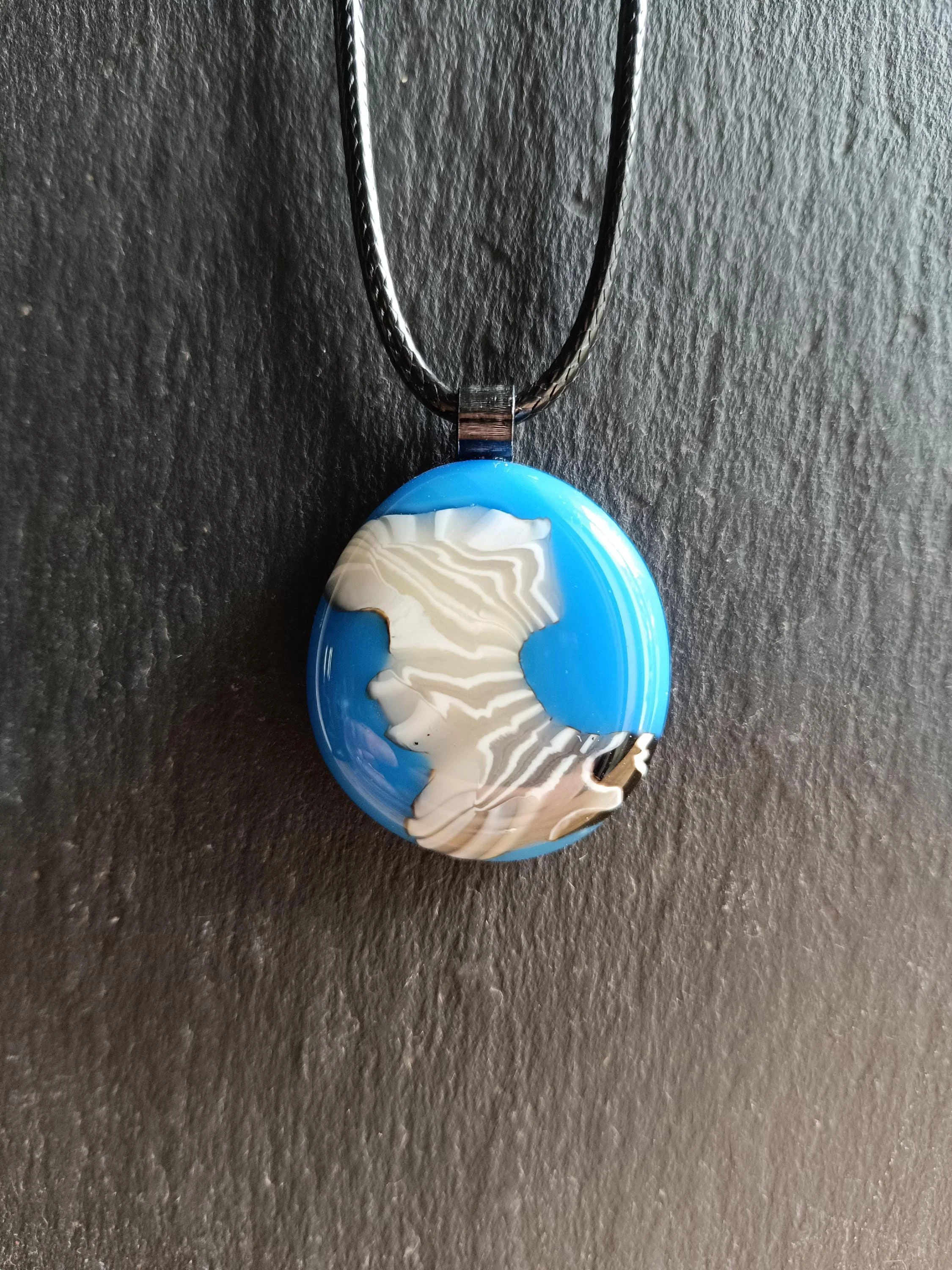 Blue and White Swirl Handmade Fused Glass Pendant with Necklace, Handmade Artisan Jewellery - Photo 5