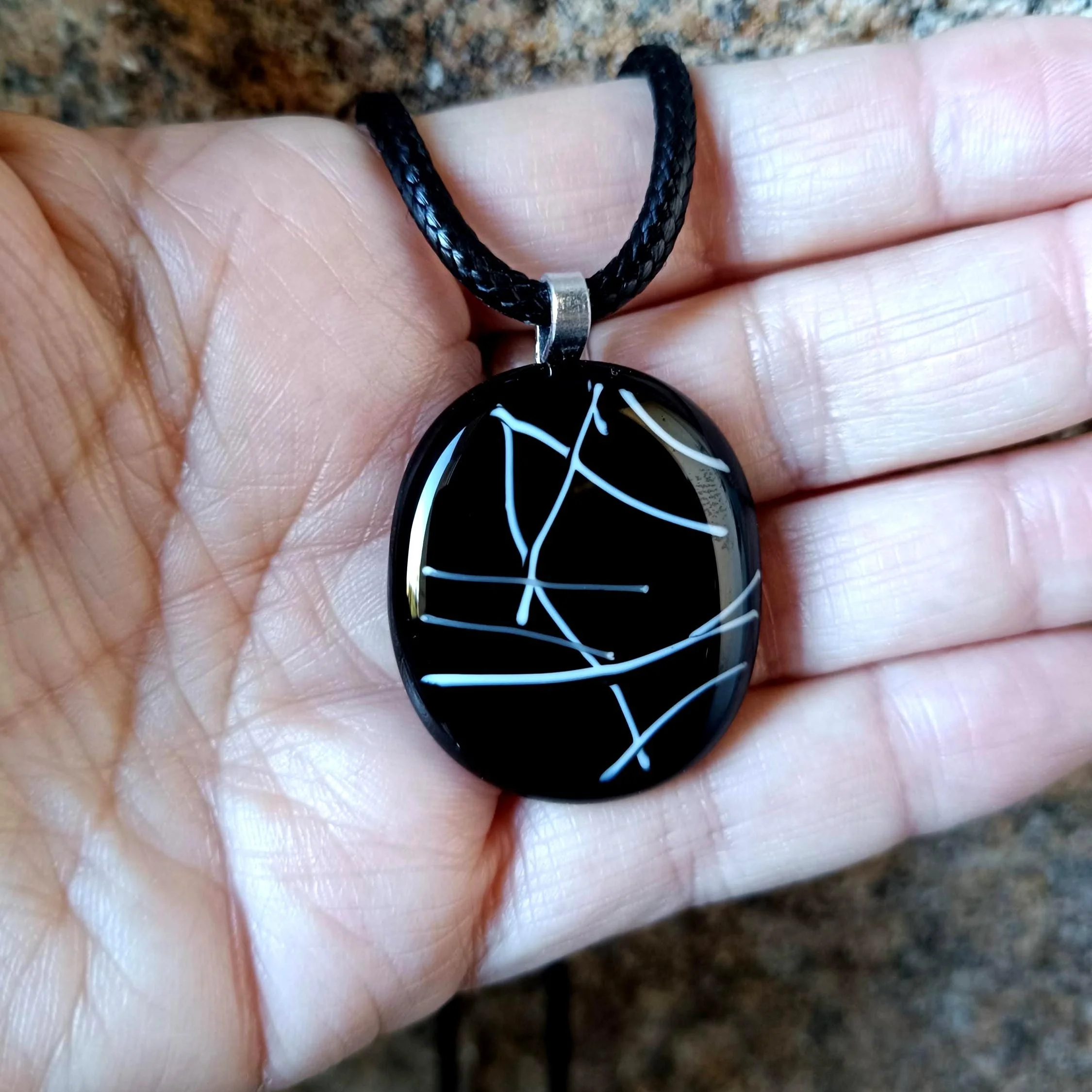Monochrome fused glass pendant with cord necklace, handmade jewellery - Photo 1