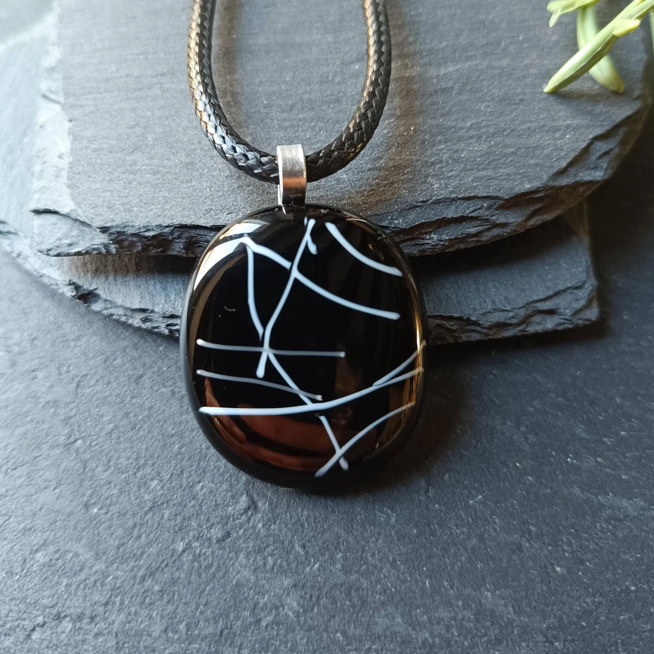 Monochrome fused glass pendant with cord necklace, handmade jewellery - Photo 2