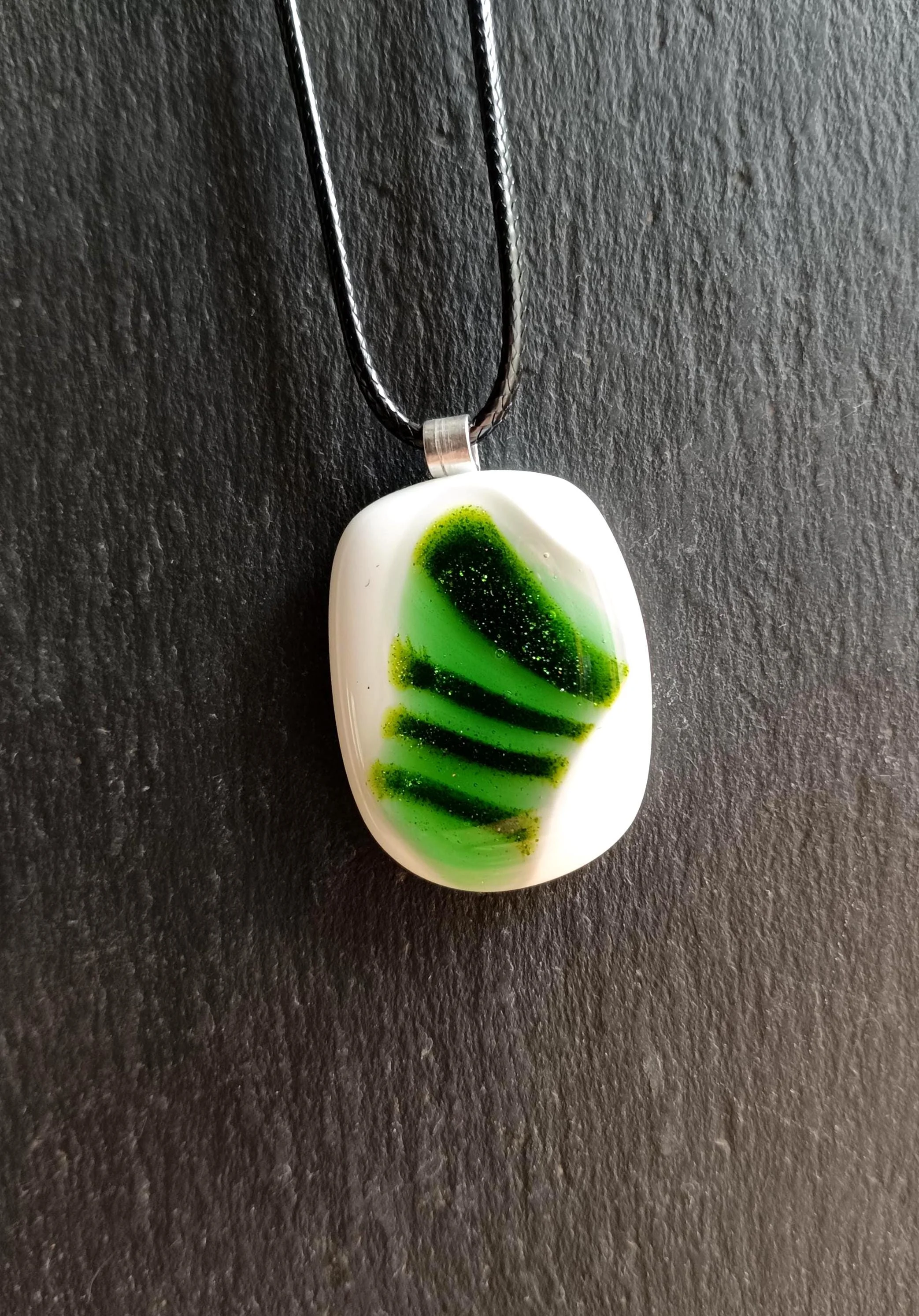 Fused Glass Green and White Large Pendant with necklace, handmade jewellery - Photo 1