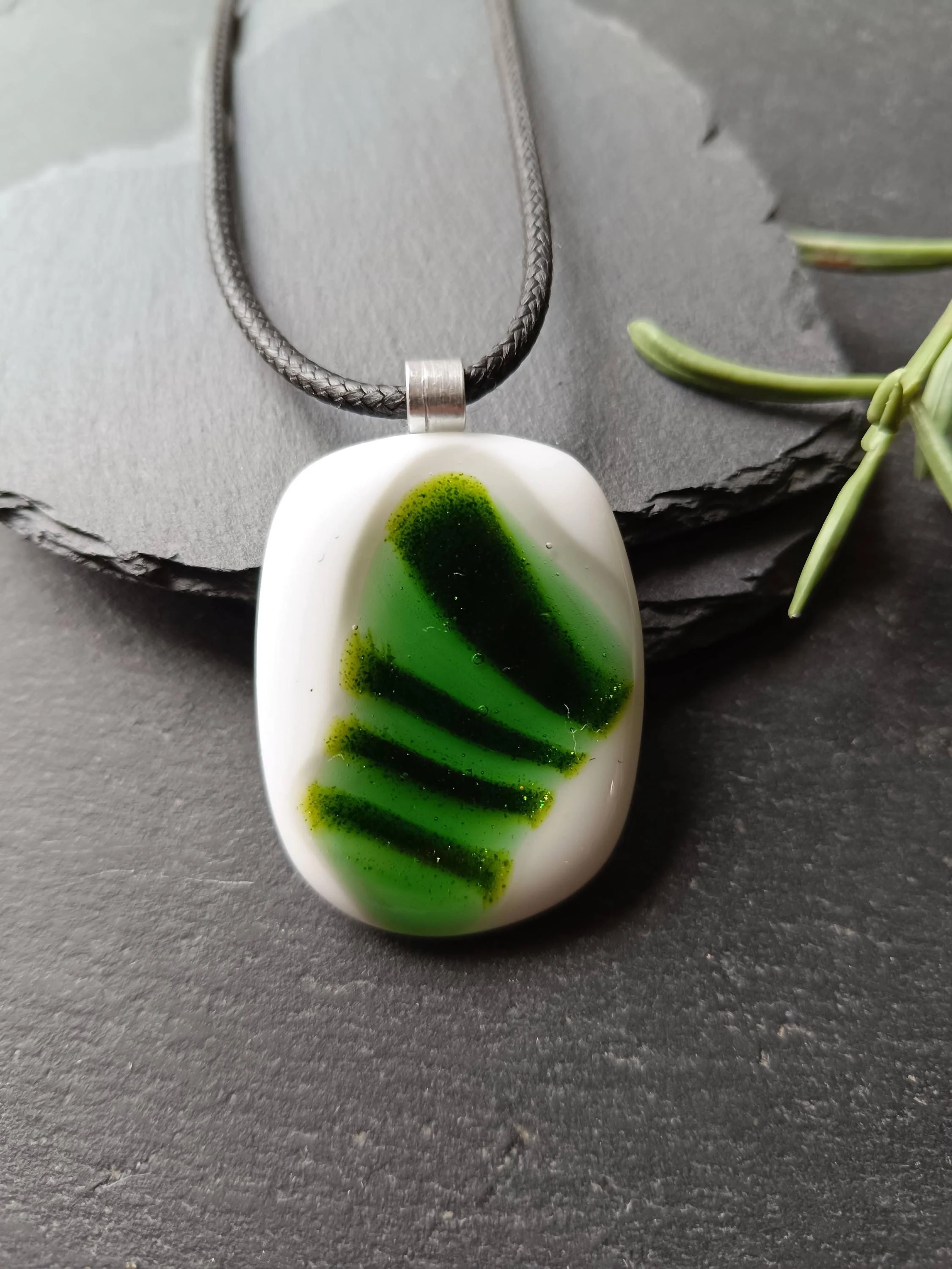 Fused Glass Green and White Large Pendant with necklace, handmade jewellery - Photo 2