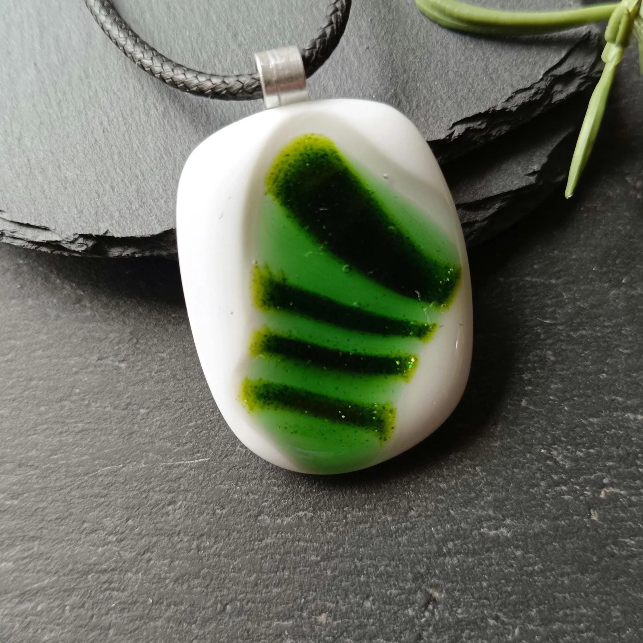Fused Glass Green and White Large Pendant with necklace, handmade jewellery - Photo 3