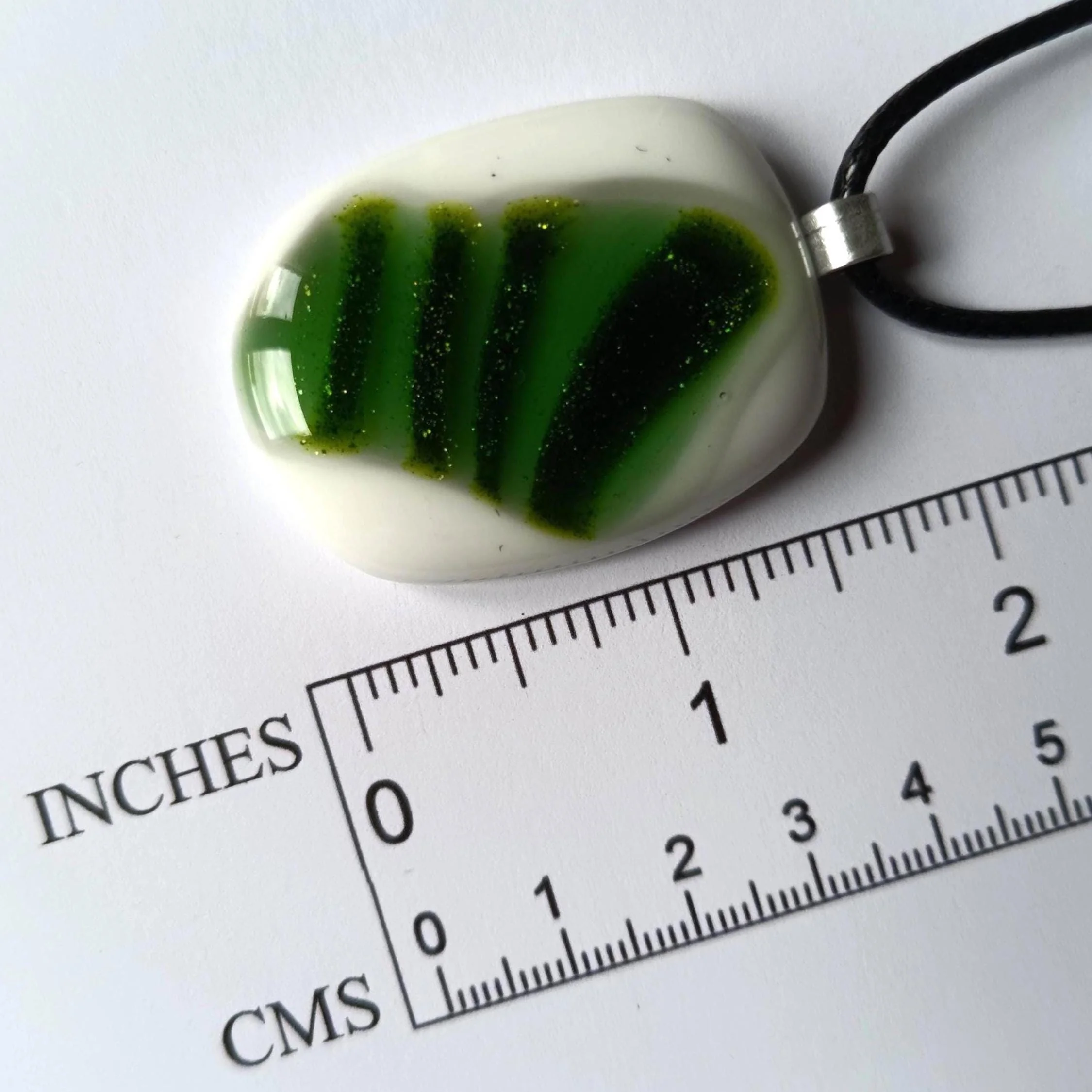 Fused Glass Green and White Large Pendant with necklace, handmade jewellery - Photo 4