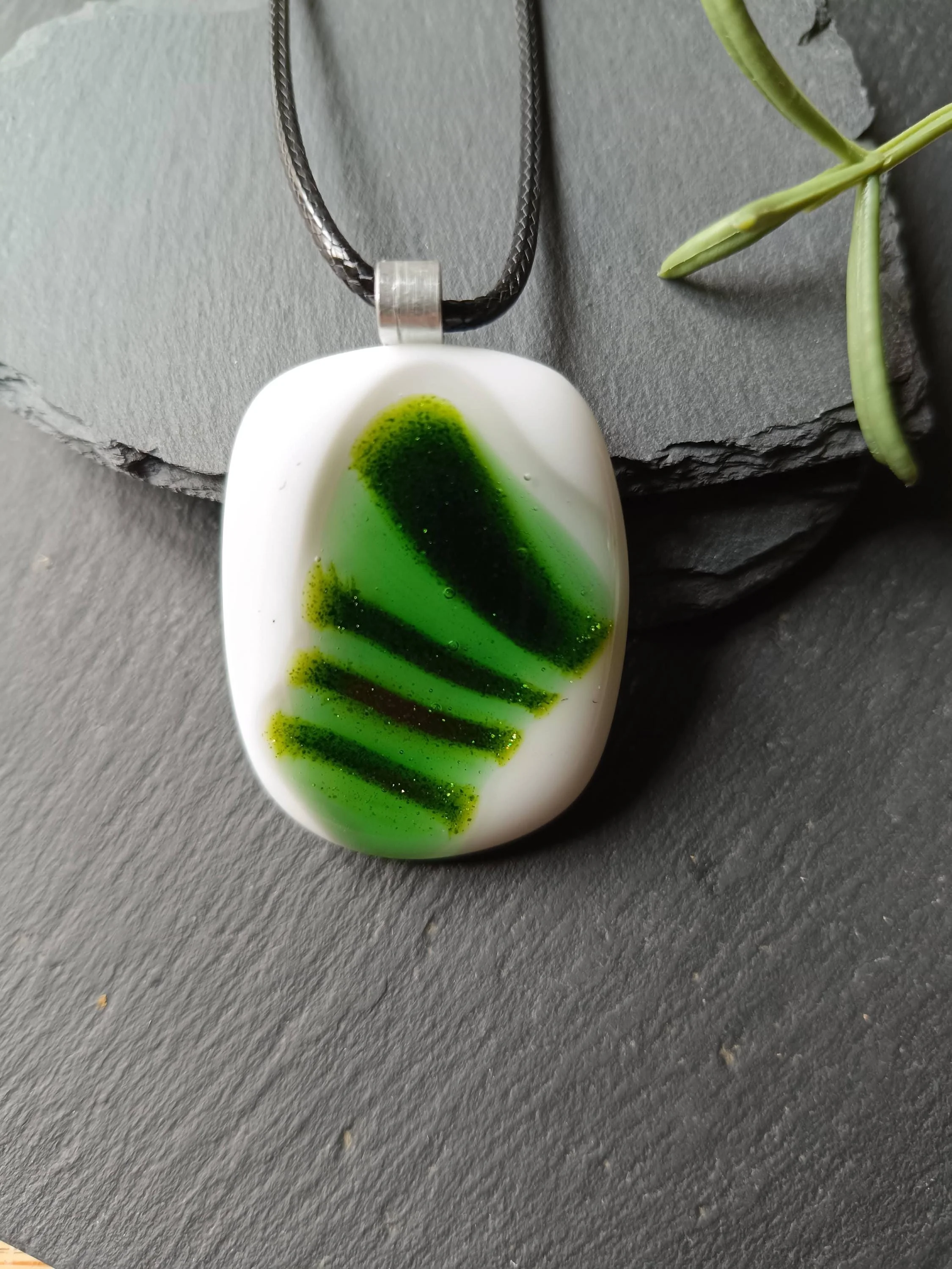 Fused Glass Green and White Large Pendant with necklace, handmade jewellery - Photo 5
