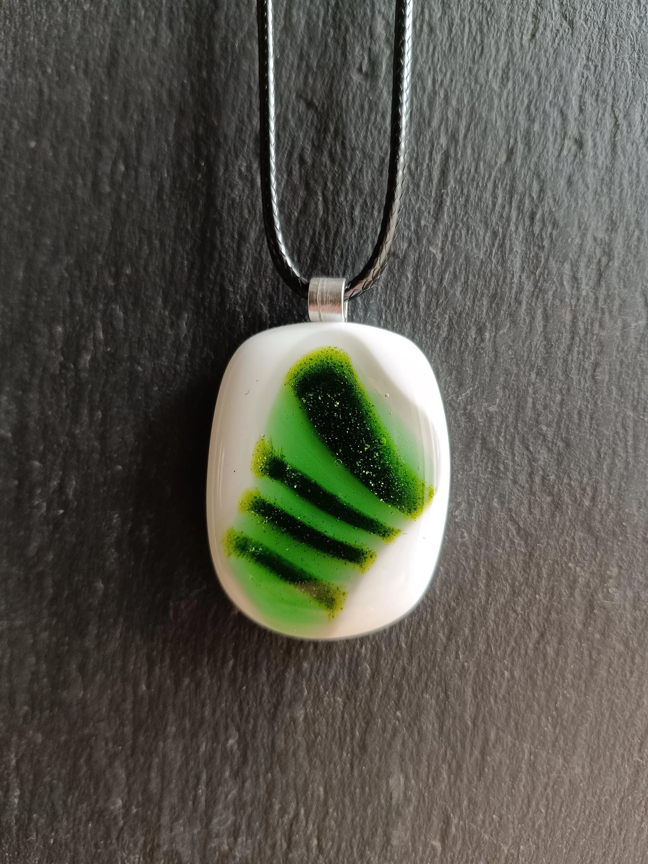 Fused Glass Green and White Large Pendant with necklace, handmade jewellery - Photo 8