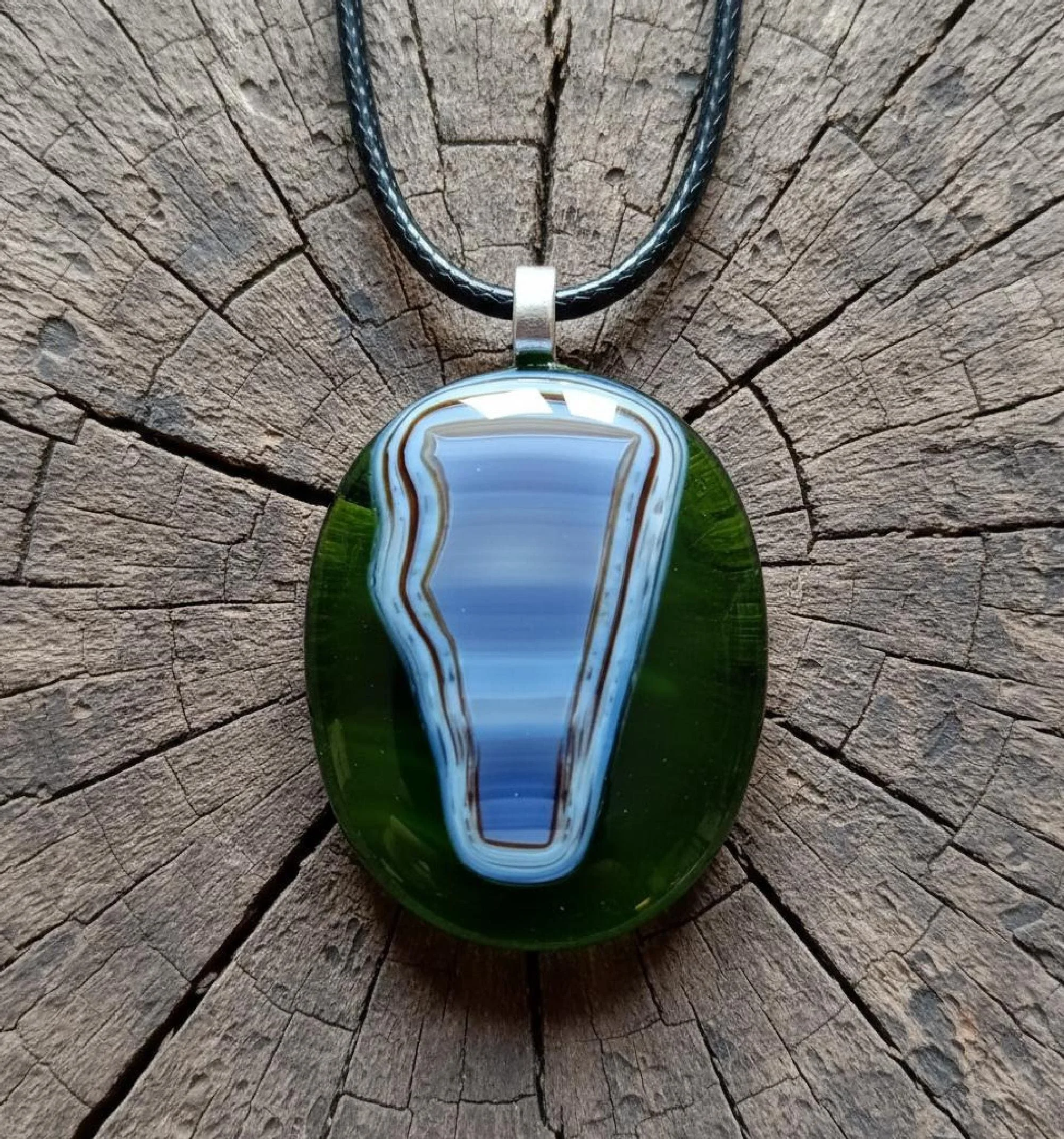 Handmade Green Fused Glass Pendant, Abstract Cord Necklace - Photo 1