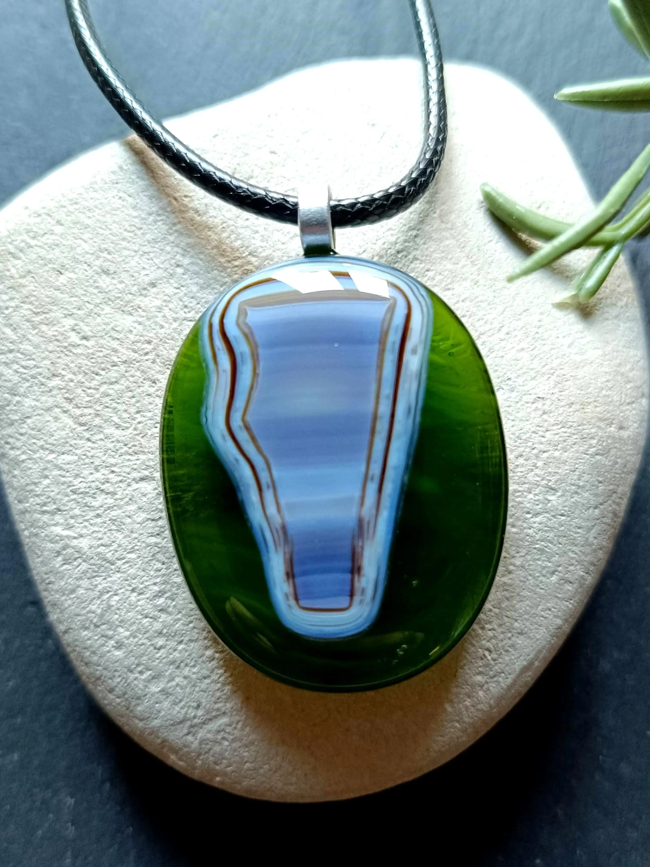 Handmade Green Fused Glass Pendant, Abstract Cord Necklace - Photo 2