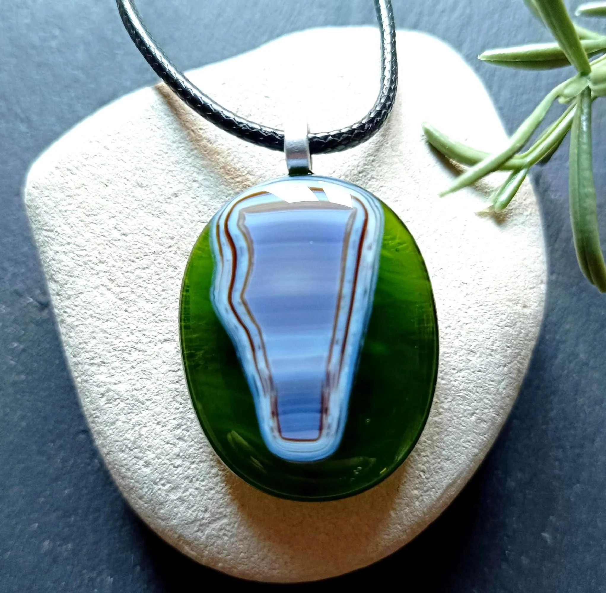 Handmade Green Fused Glass Pendant, Abstract Cord Necklace - Photo 5