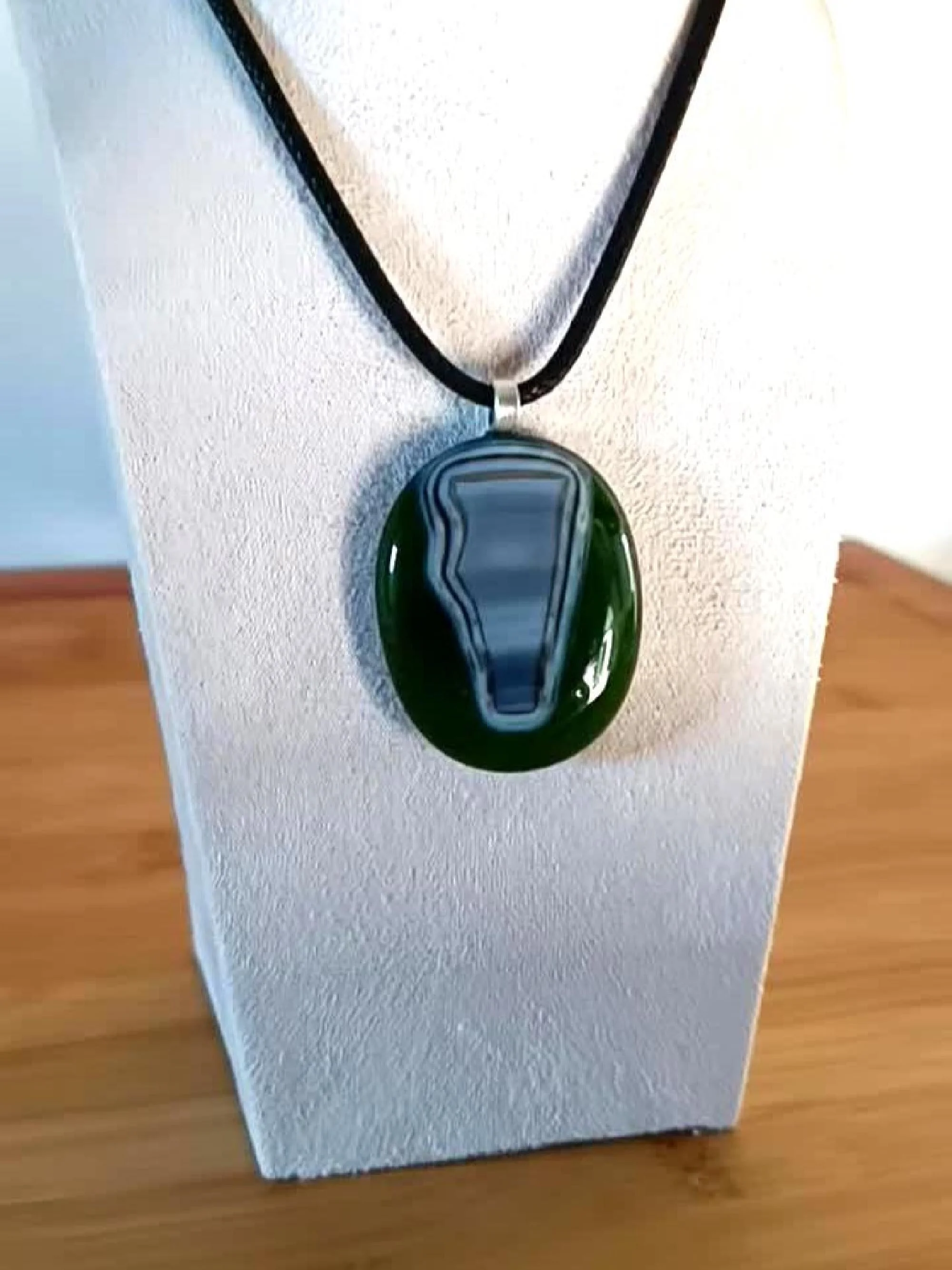 Handmade Green Fused Glass Pendant, Abstract Cord Necklace - Photo 6