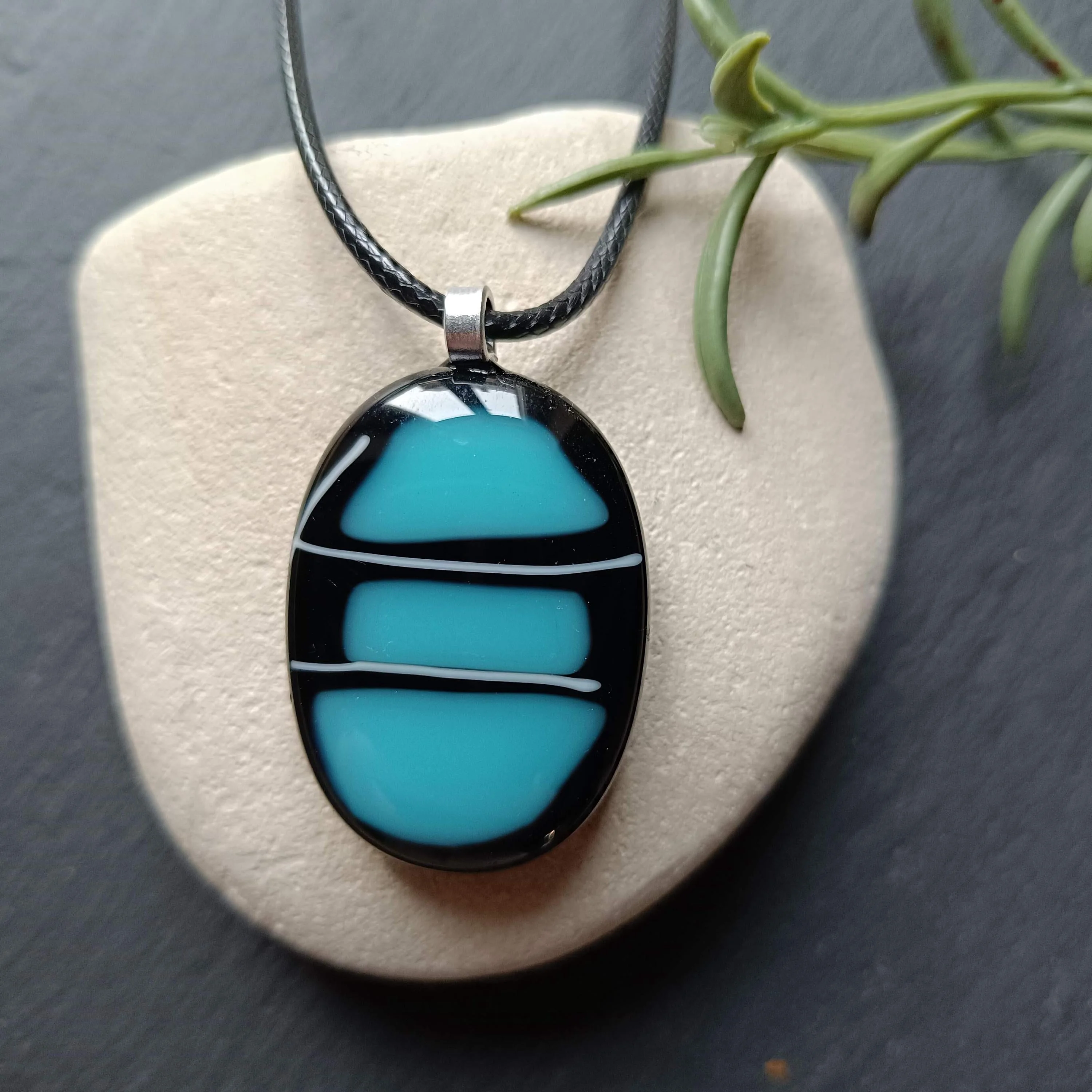 Black and Teal Glass Pendant Necklace, handmade jewellery - Photo 1