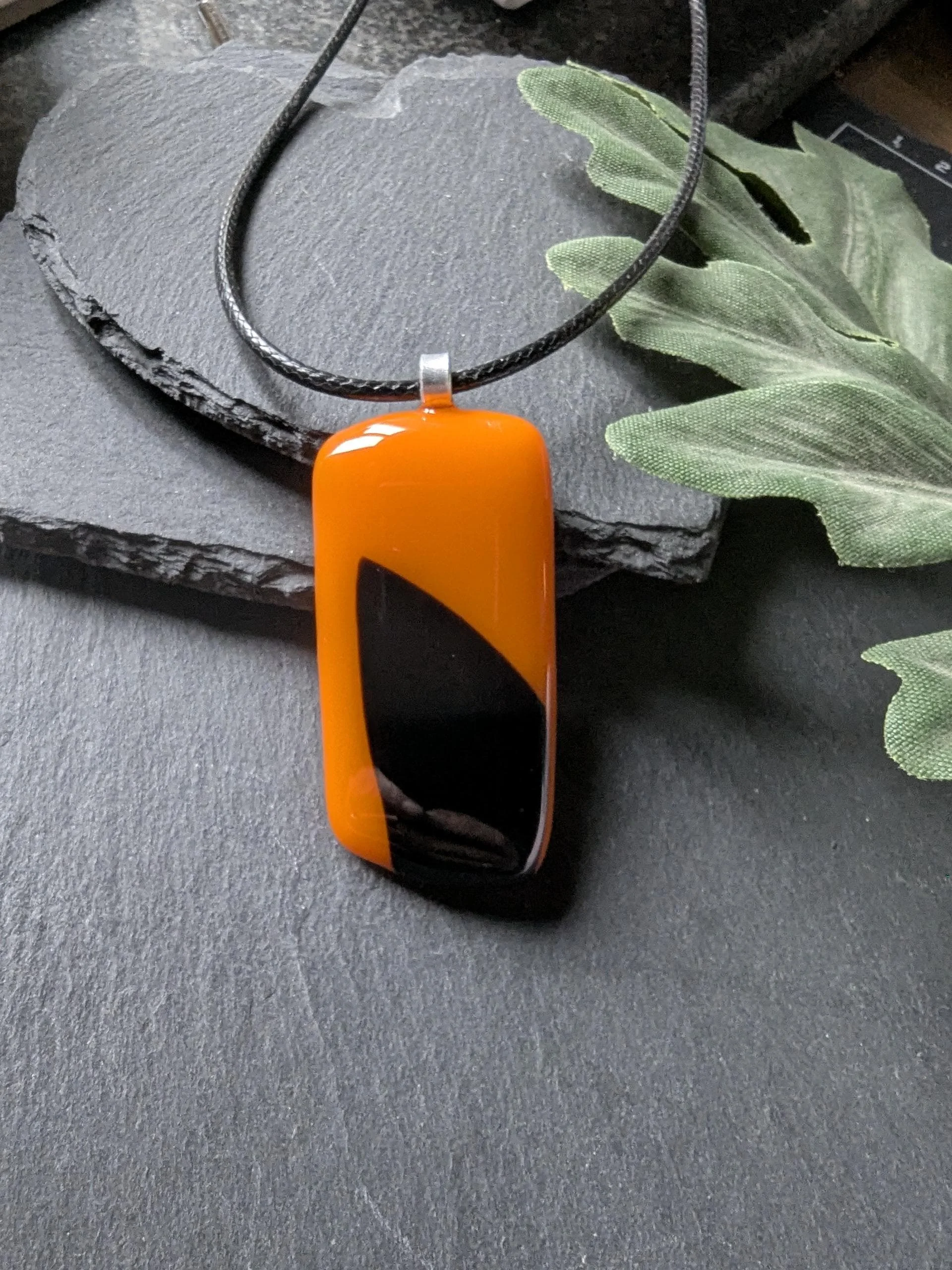 Orange and black fused glass pendant necklace - Photo 5