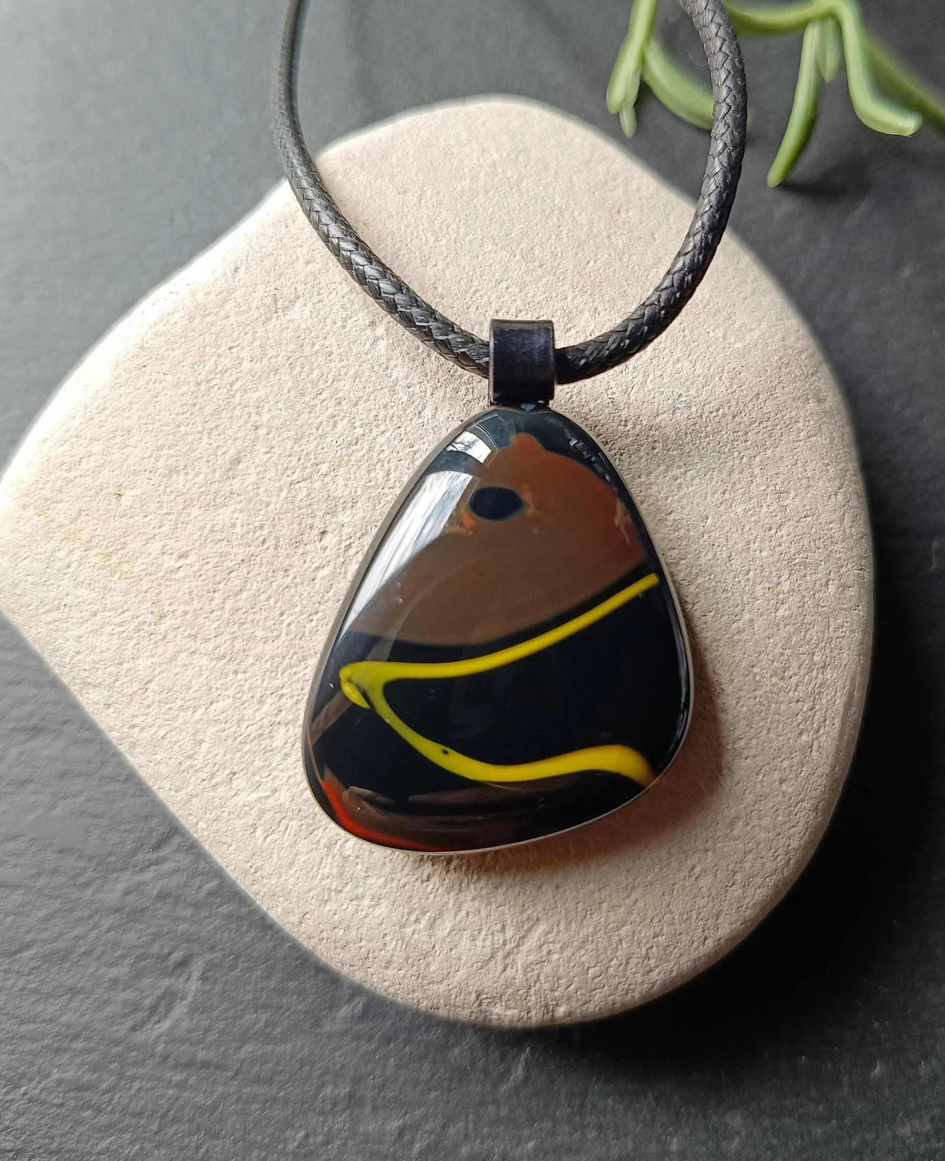 Handcrafted upcycled black brown glass pendant with necklace - Photo 1