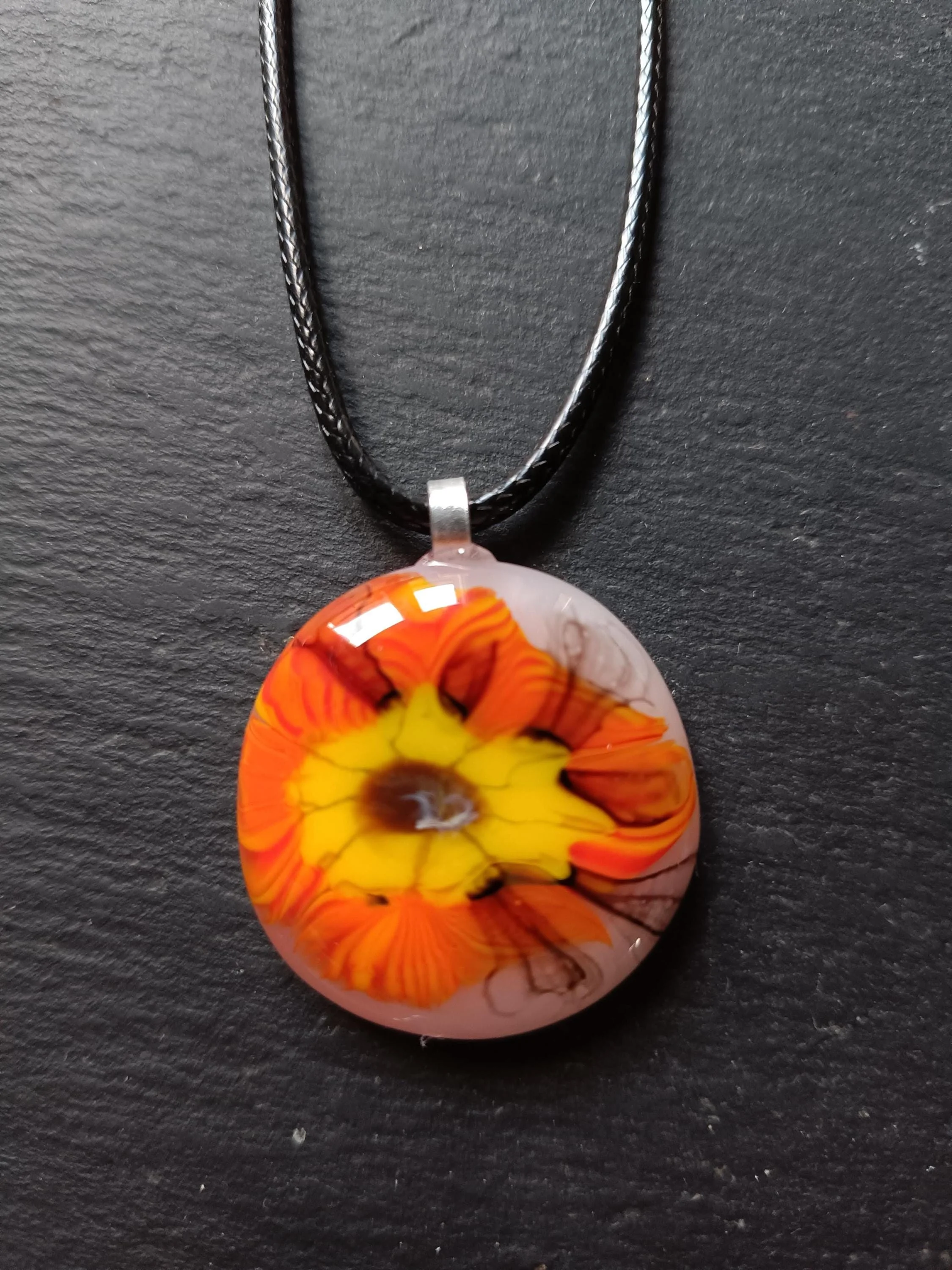 Handmade multicolour vibrant orange fused glass pendant necklace - Photo 1