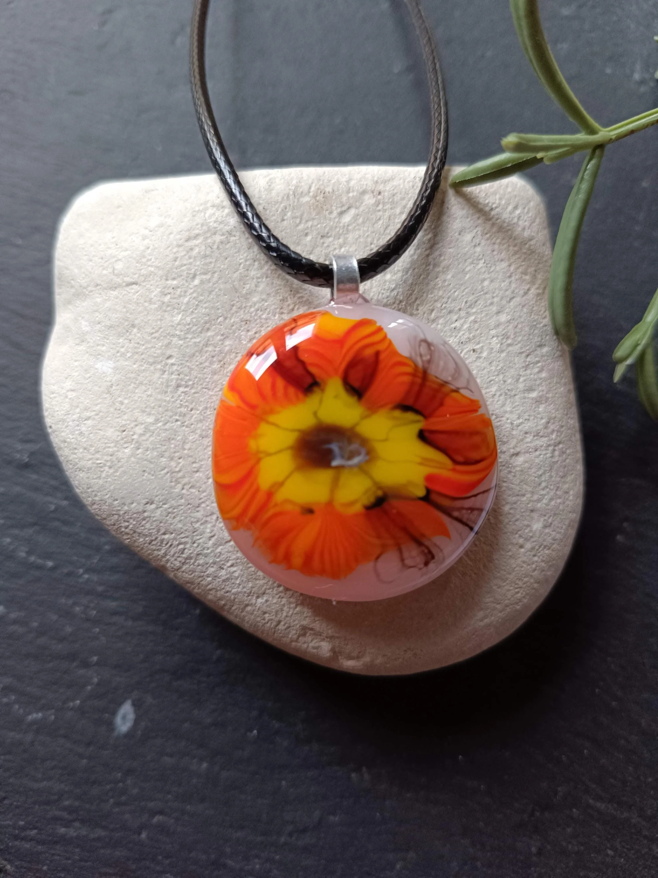 Handmade multicolour vibrant orange fused glass pendant necklace - Photo 2