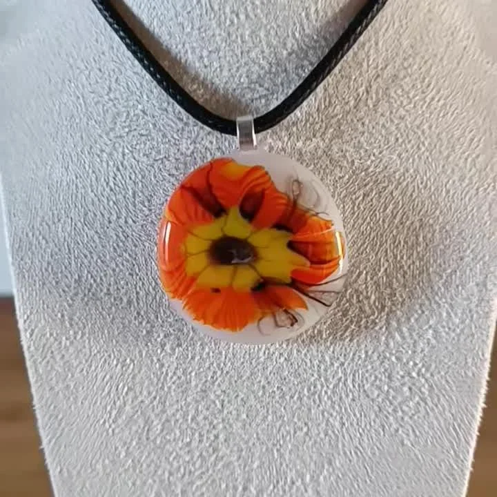 Handmade multicolour vibrant orange fused glass pendant necklace - Photo 5