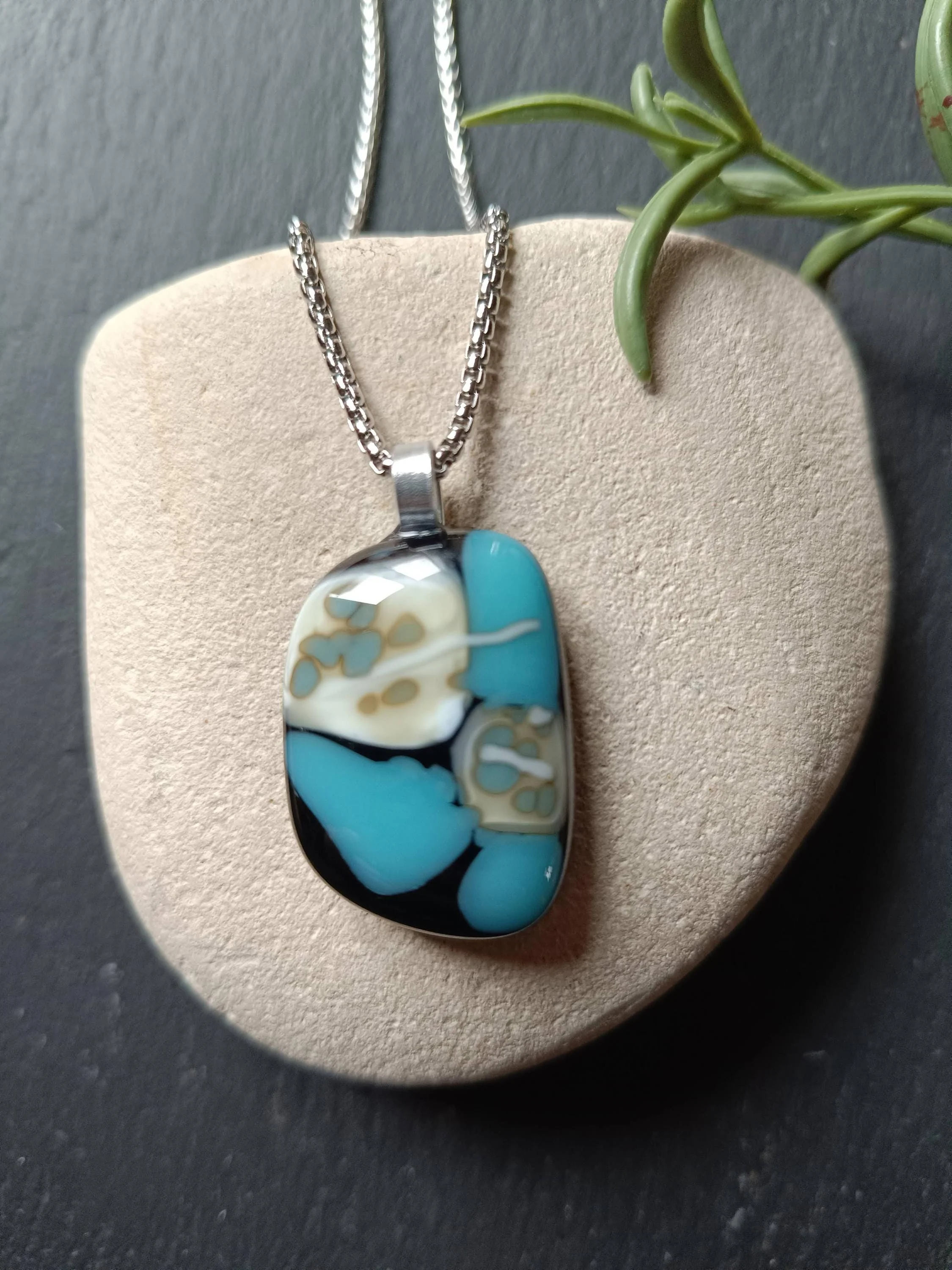 Fused turquoise blue and black glass funky handcrafted pendant necklace - Photo 1