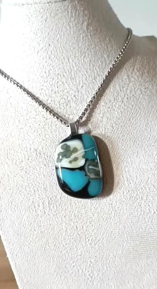 Fused turquoise blue and black glass funky handcrafted pendant necklace - Photo 2