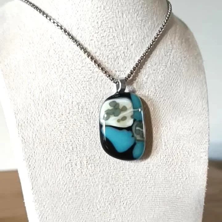 Fused turquoise blue and black glass funky handcrafted pendant necklace - Photo 4
