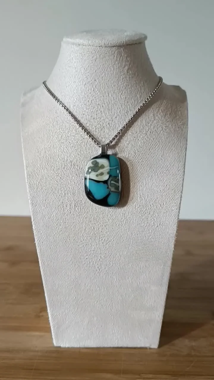 Fused turquoise blue and black glass funky handcrafted pendant necklace - Photo 5