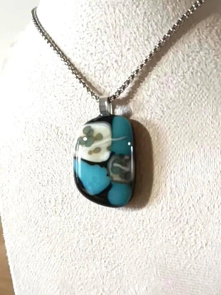 Fused turquoise blue and black glass funky handcrafted pendant necklace - Photo 6
