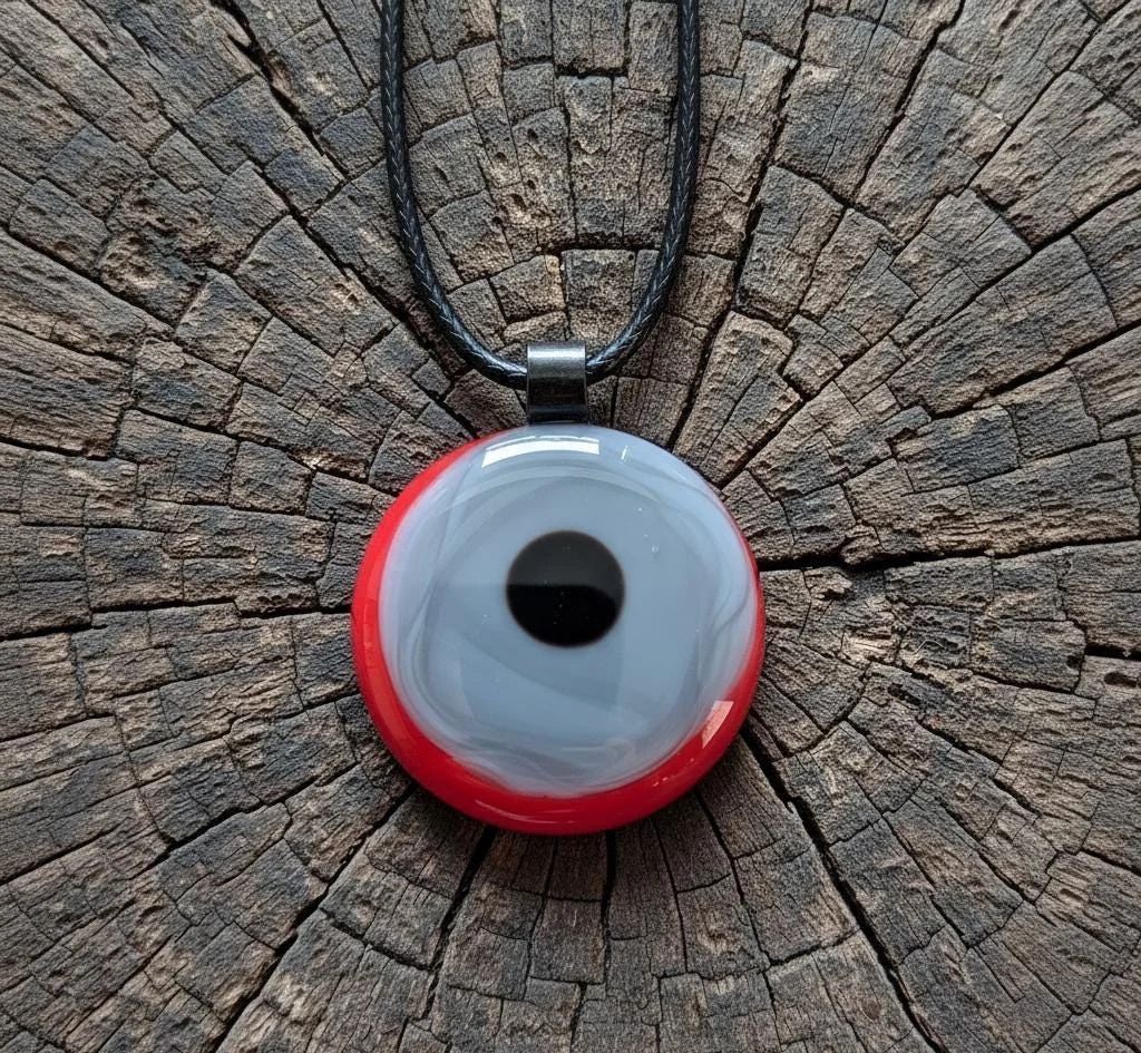 Red, grey and black circles fused glass pendant necklace