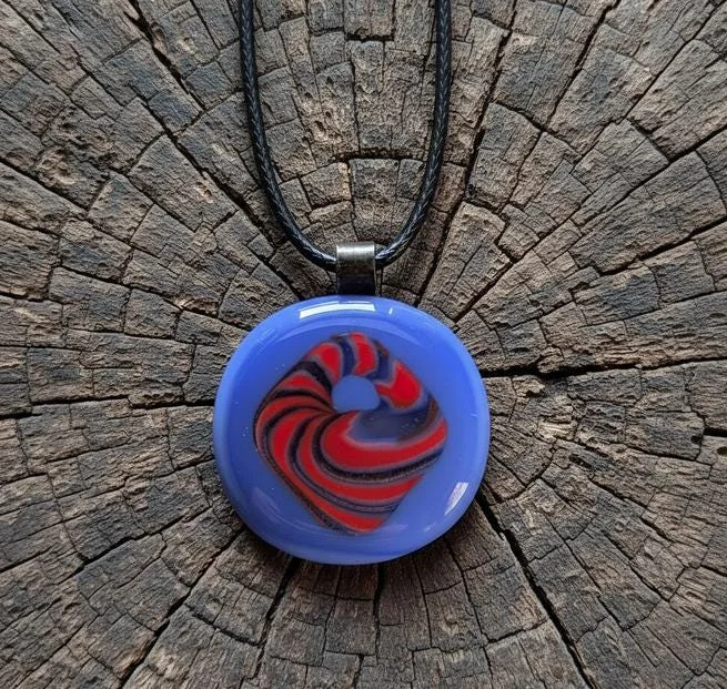 Blue and red patterned fused glass pendant necklace