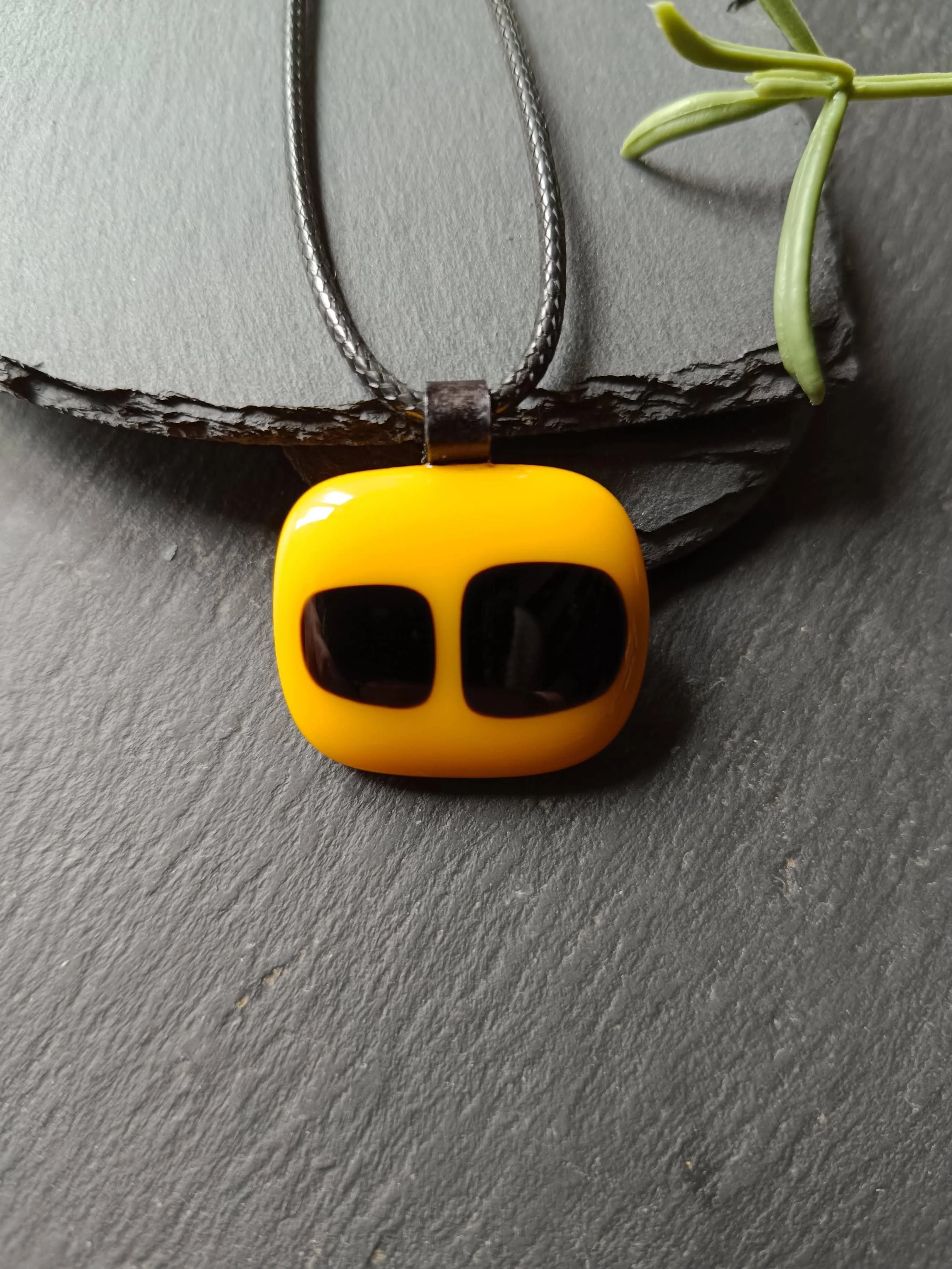 Yellow and Black Fused Glass Pendant Necklace - Photo 1