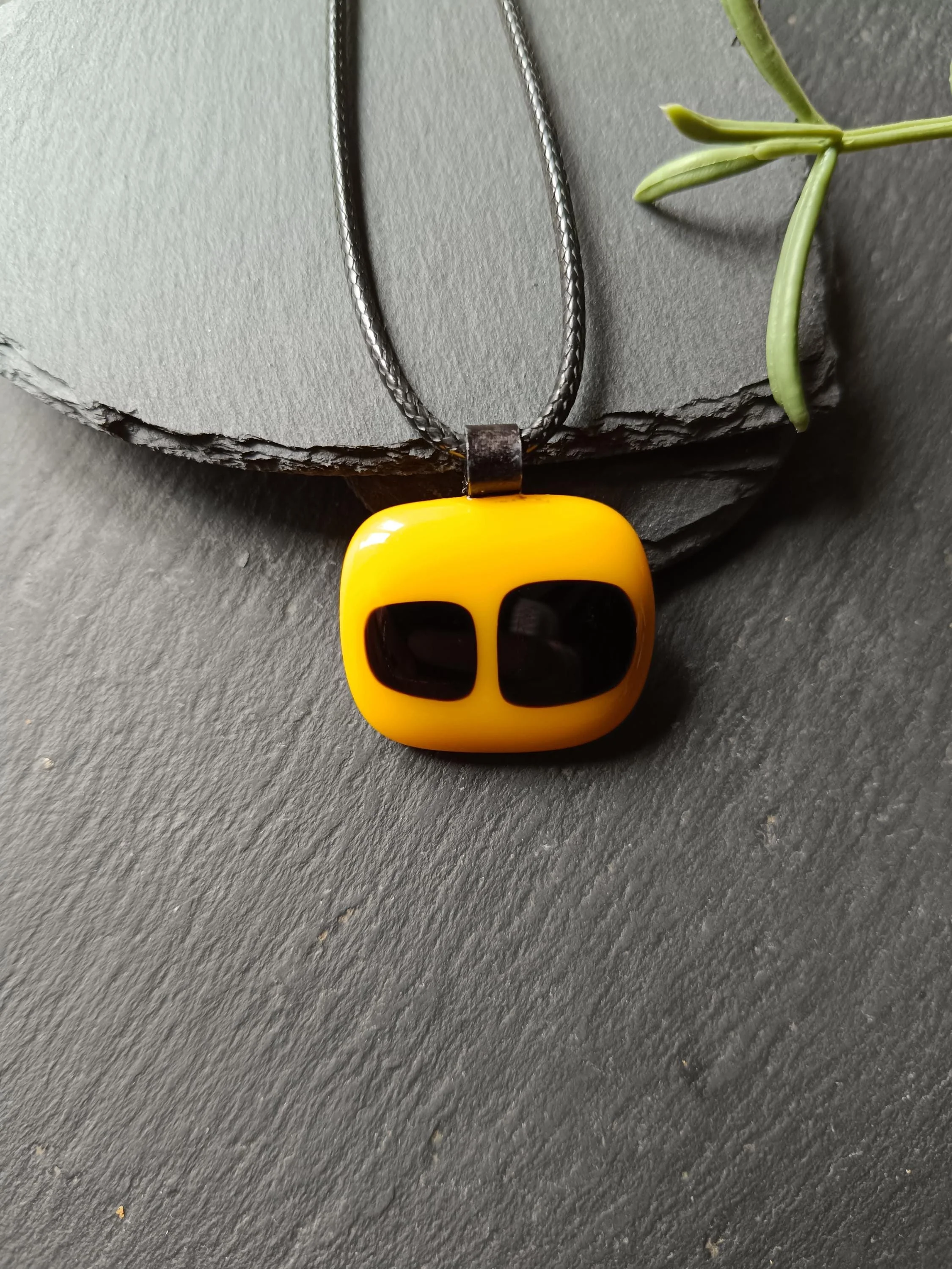 Yellow and Black Fused Glass Pendant Necklace - Photo 4