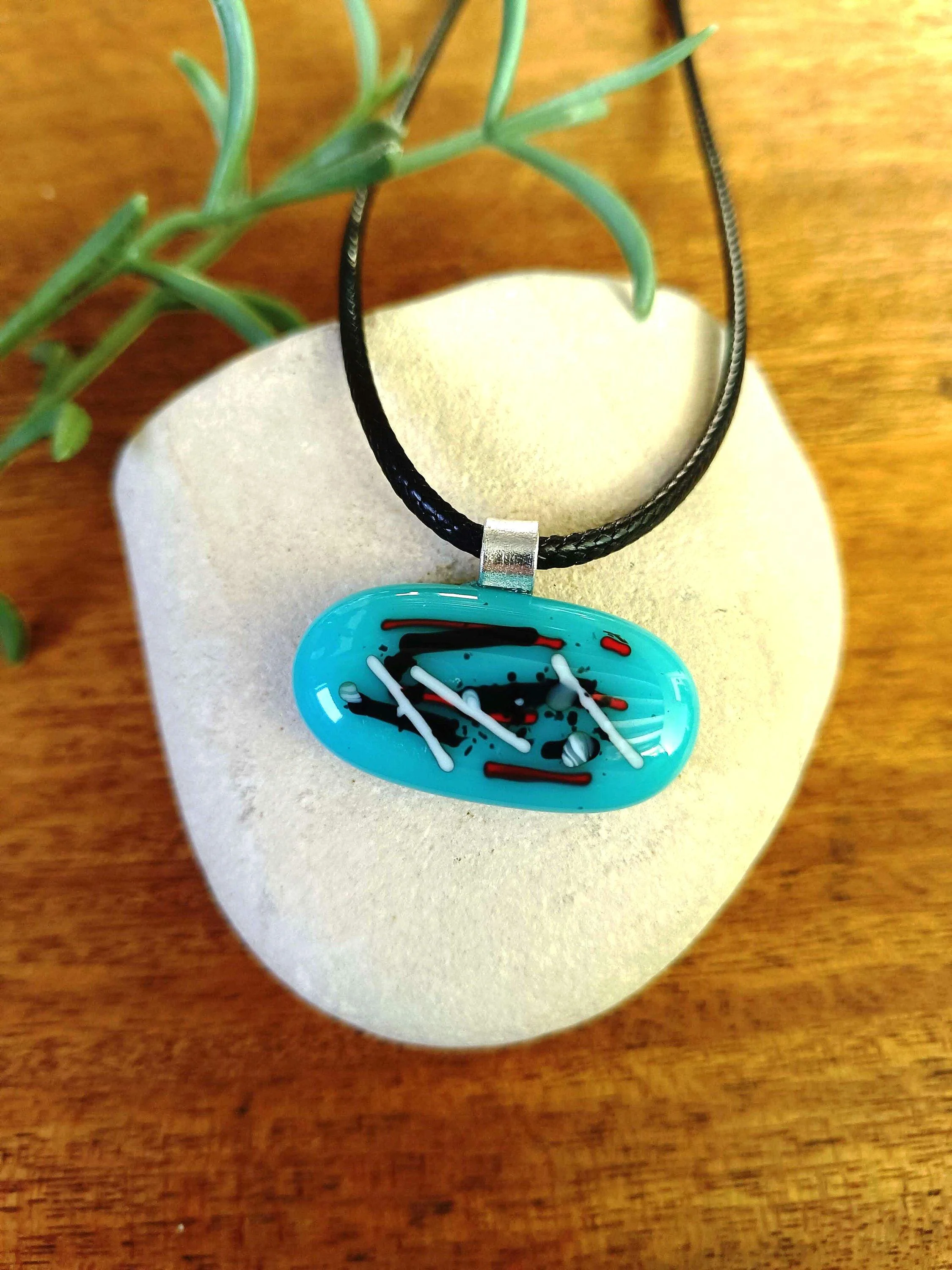 Handmade blue abstract fused glass pendant necklace - Photo 1