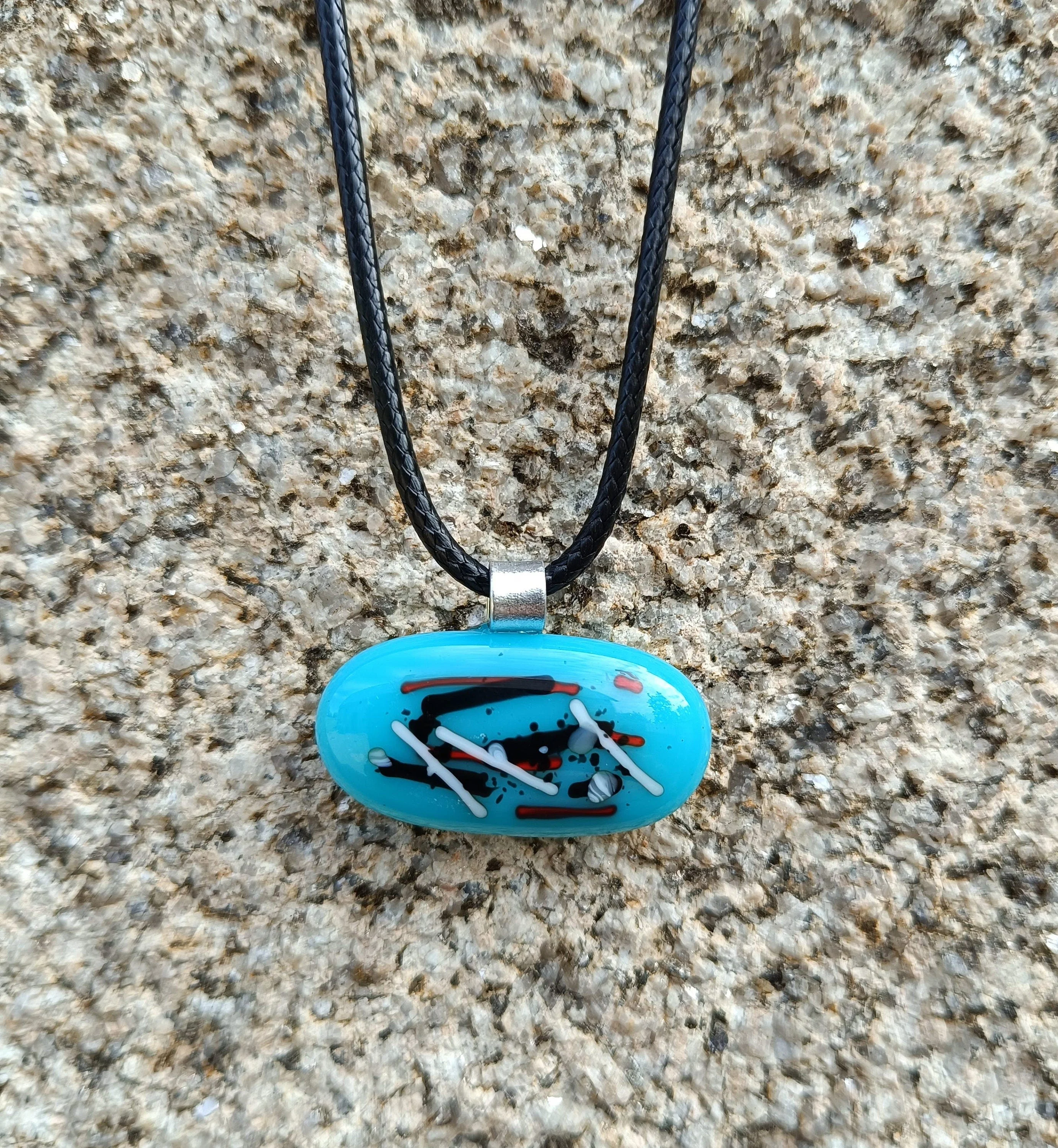 Handmade blue abstract fused glass pendant necklace - Photo 2