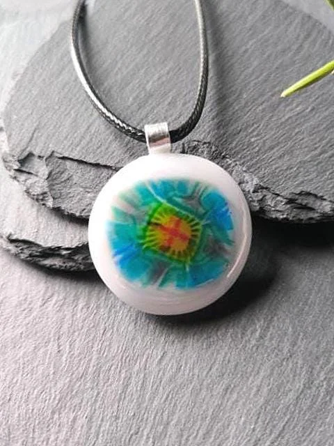 Multicoloured Handmade Flower inspired Fused Glass Pendant Necklace - Photo 4