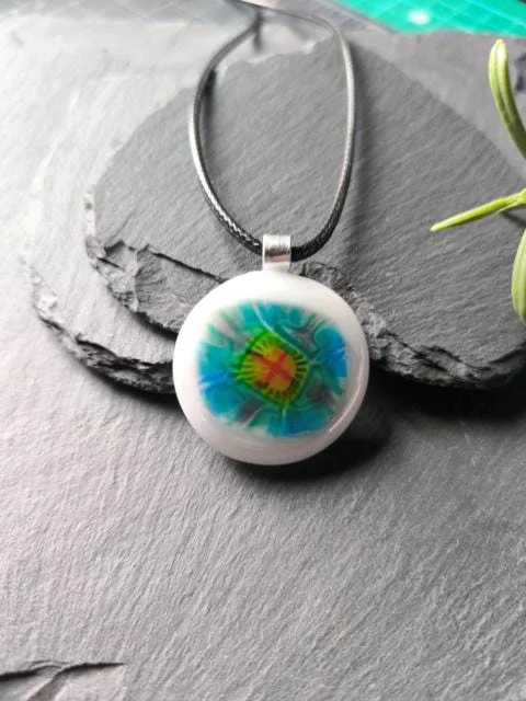 Multicoloured Handmade Flower inspired Fused Glass Pendant Necklace - Photo 6