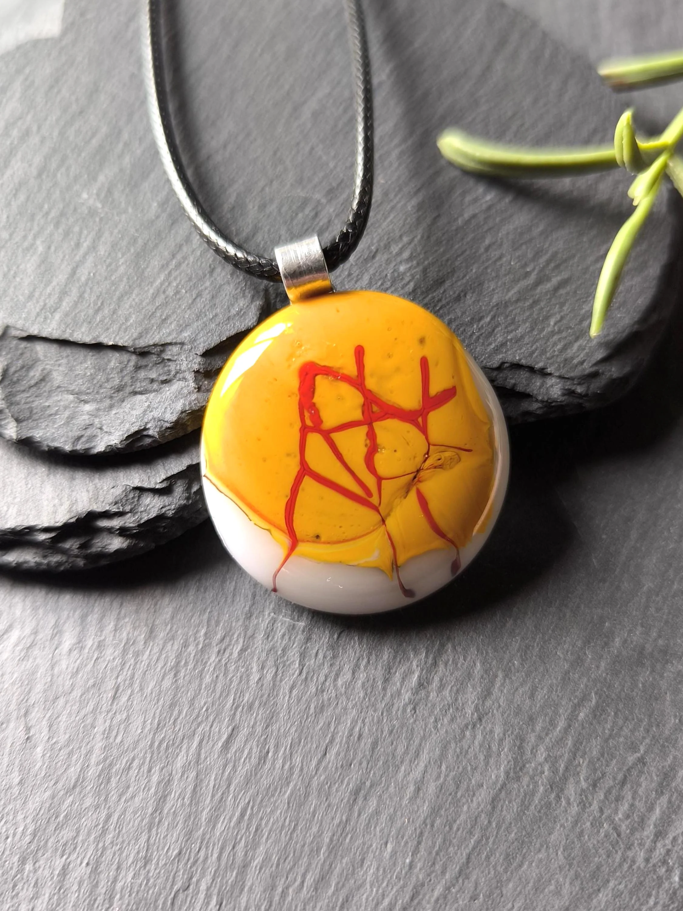 Handmade mustard yellow fused glass pendant necklace - Photo 2