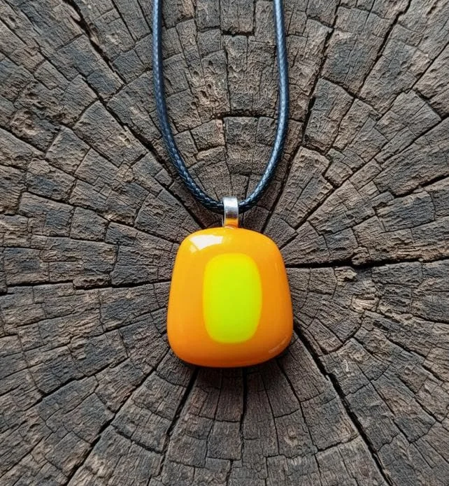 Orange and lime fused glass pendant necklace - Photo 1