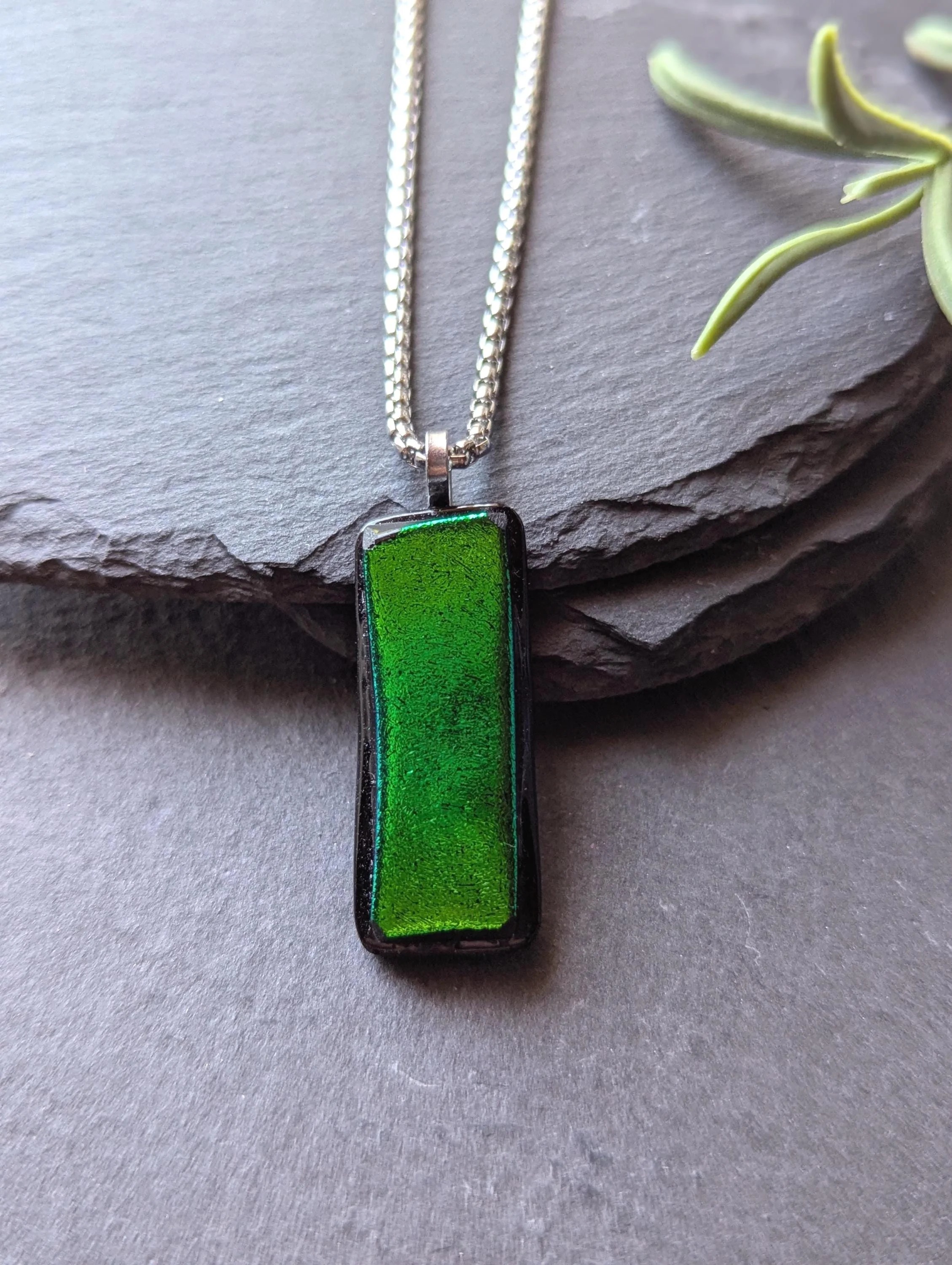 Handcrafted Green Dichroic Glass Pendant Necklace with two necklaces - Photo 1