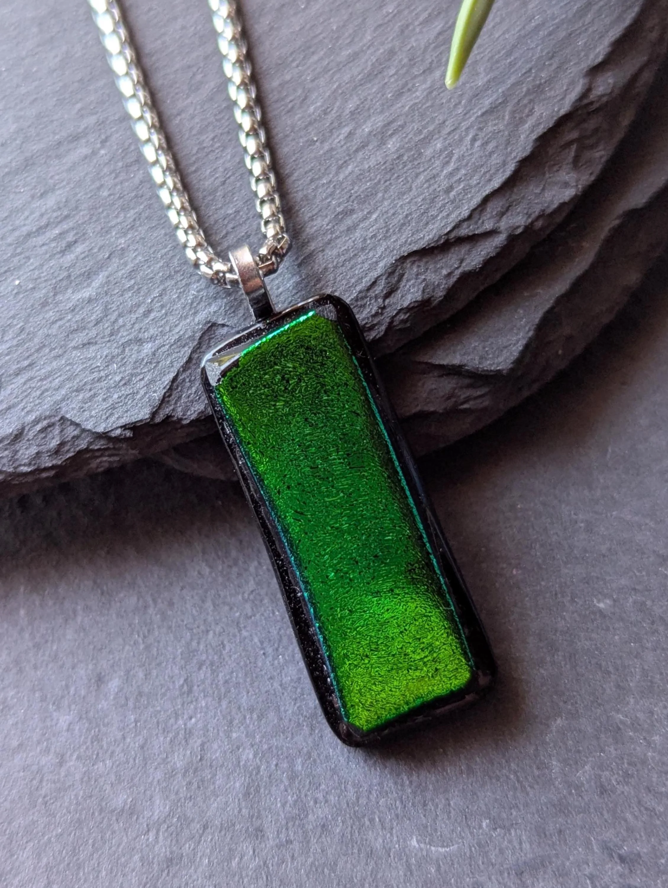 Handcrafted Green Dichroic Glass Pendant Necklace with two necklaces - Photo 2